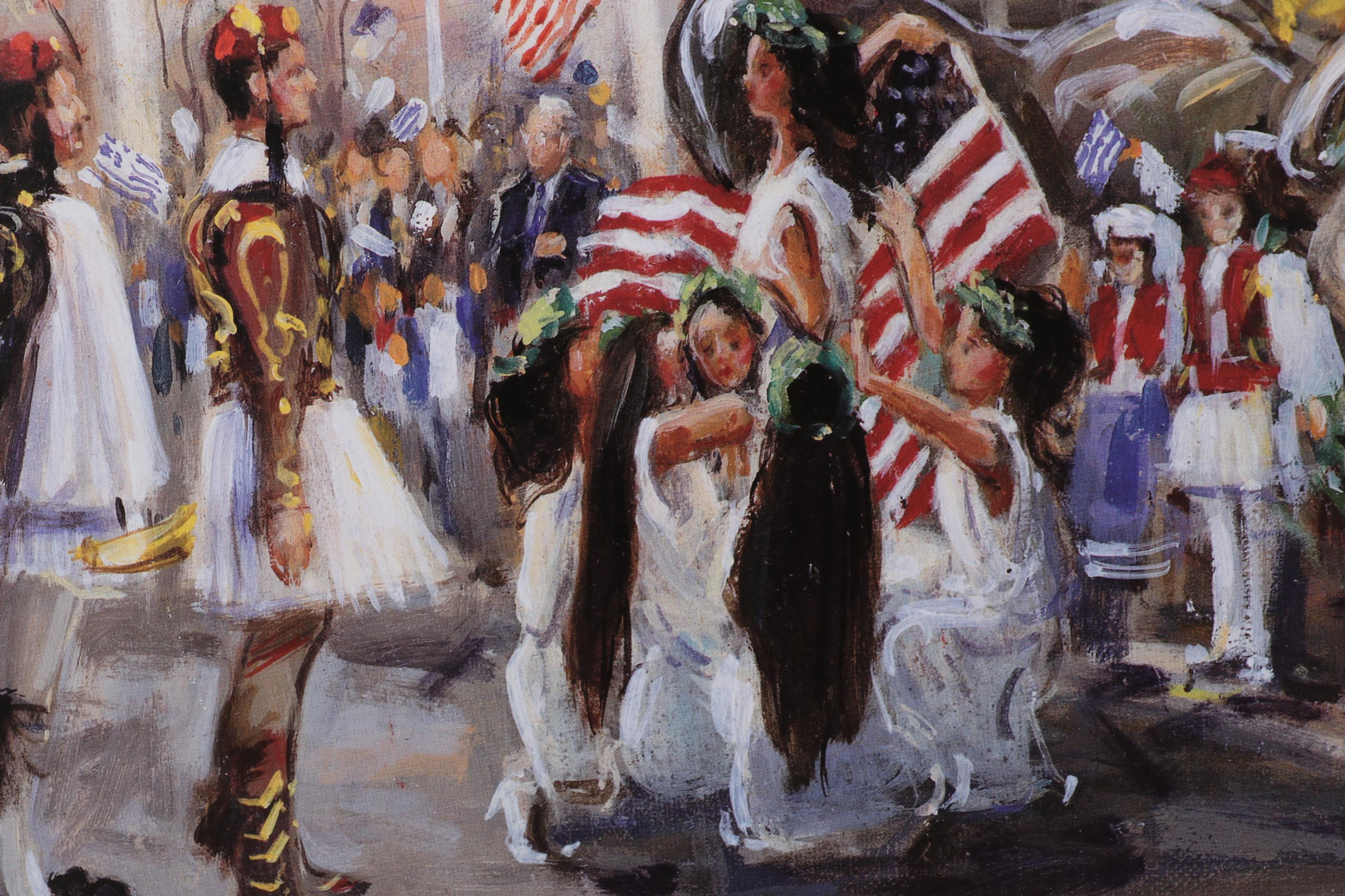 Kamil Kubik Offset Lithograph of Greek Parade on Broadway, Late 20th Century