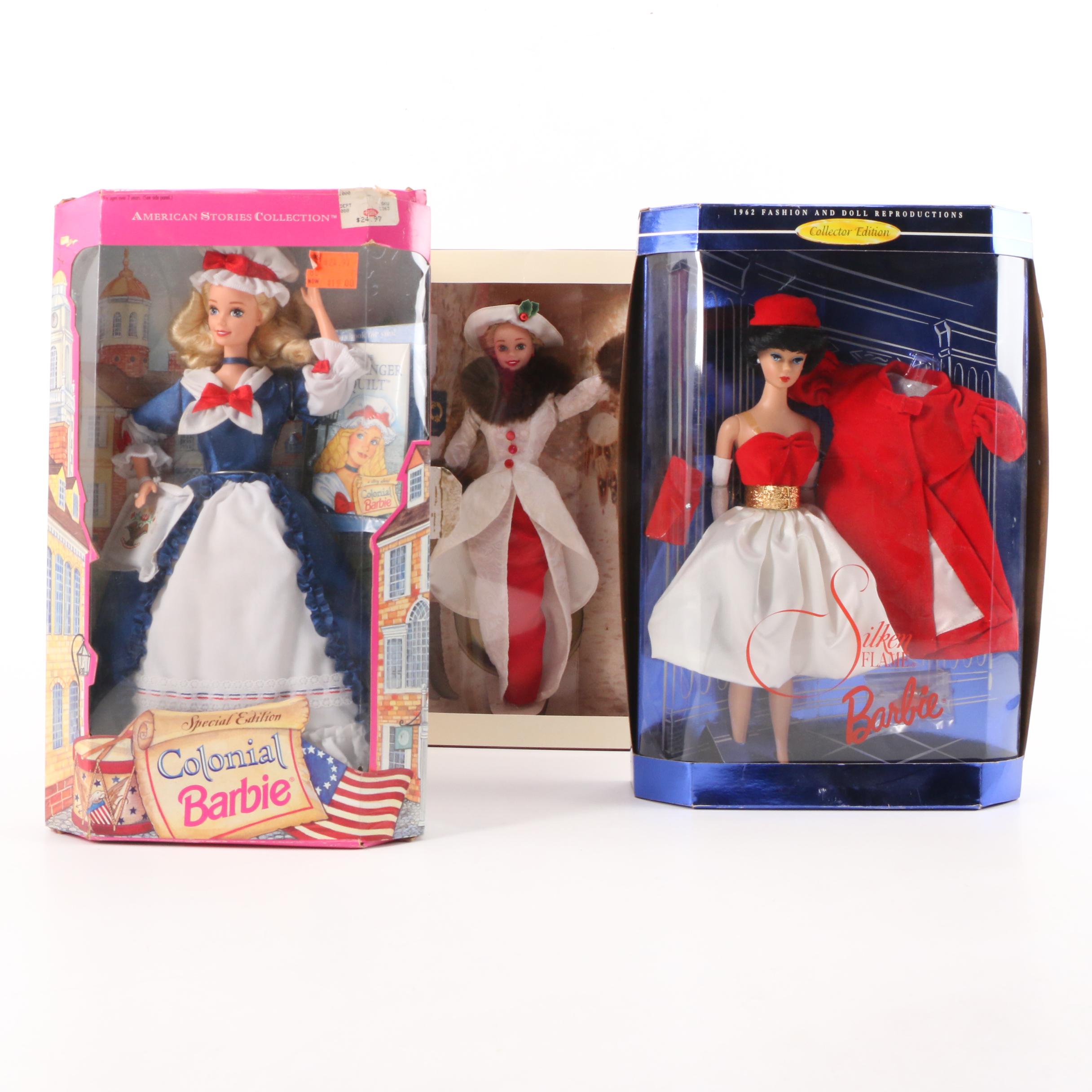 Holiday Memories Barbie, Colonial Barbie, and Silken Flame Barbie, 1990s