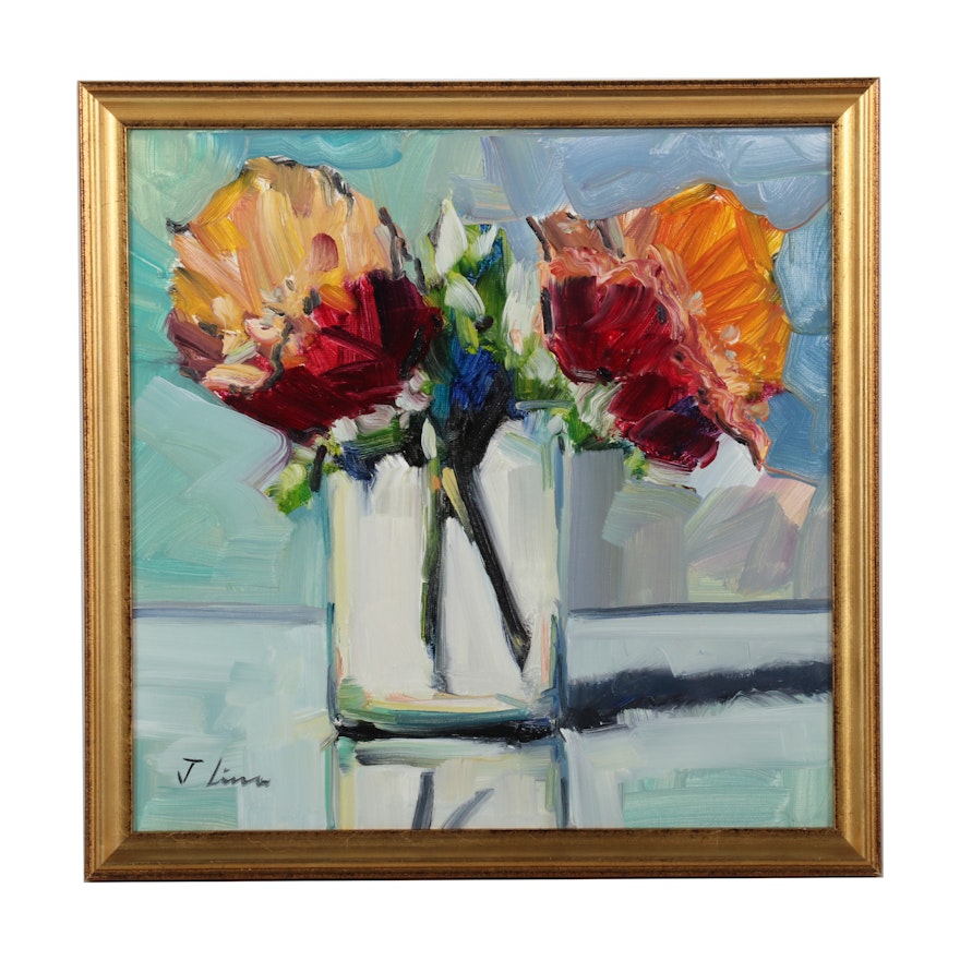 José M. Lima Orange Flowers Still Life Oil Painting, 2021