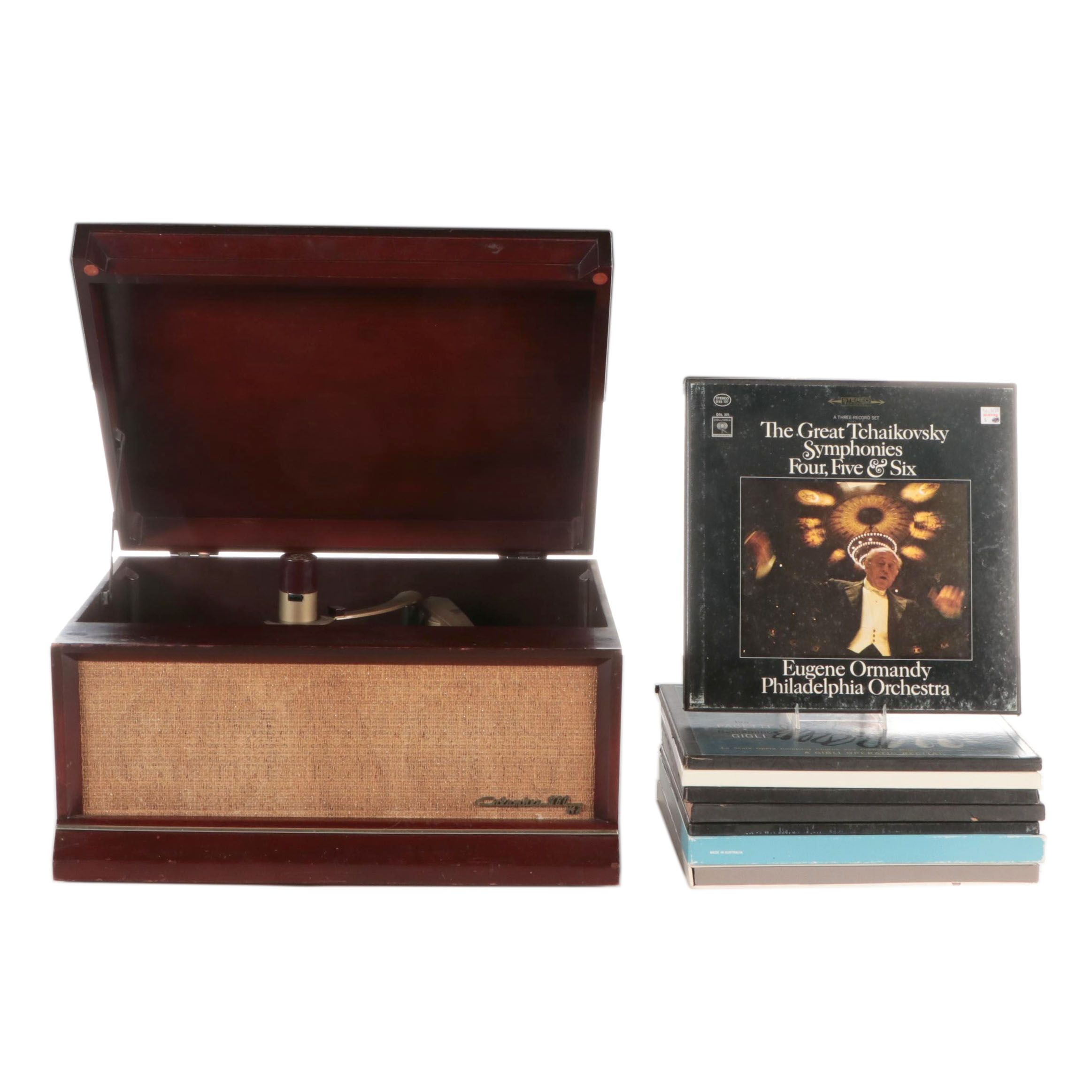 Columbia 360 K2 Phonograph Record Player, 1950s, and Records