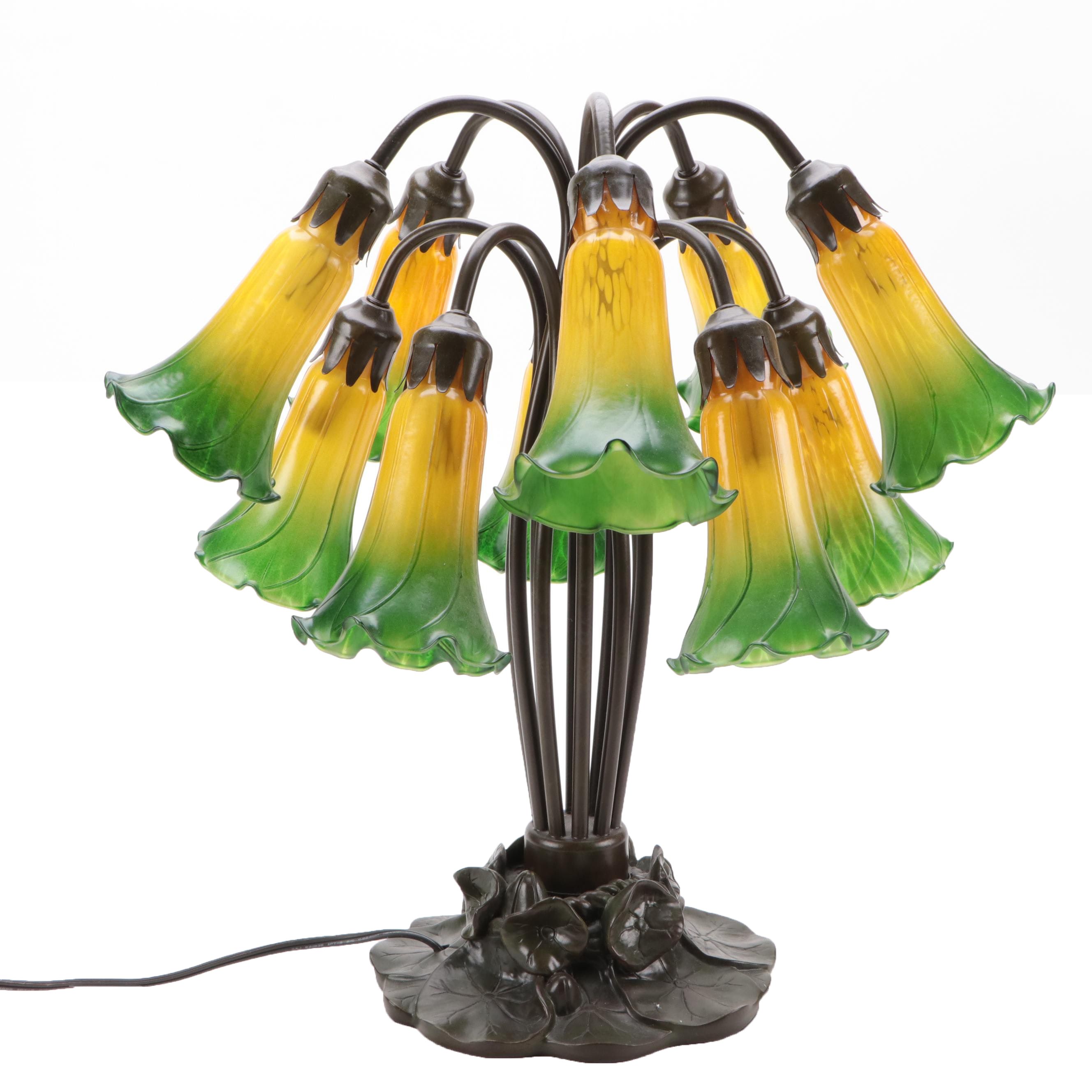 Tiffany Studios Style Ten-Light Green and Yellow Water Lily Table Lamp