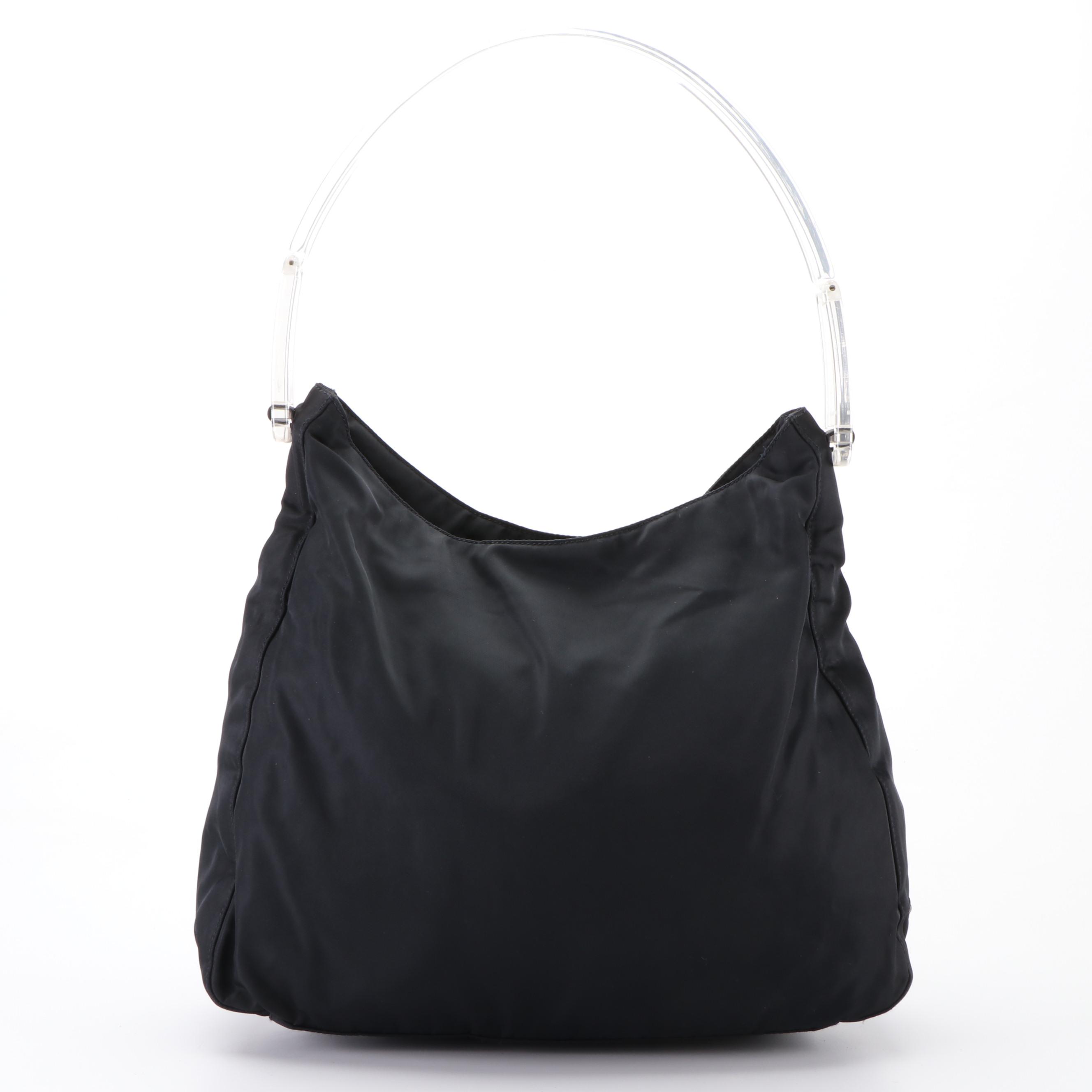 Prada Shoulder Bag in Black Tessuto Nylon with Hinged Clear Lucite Handle