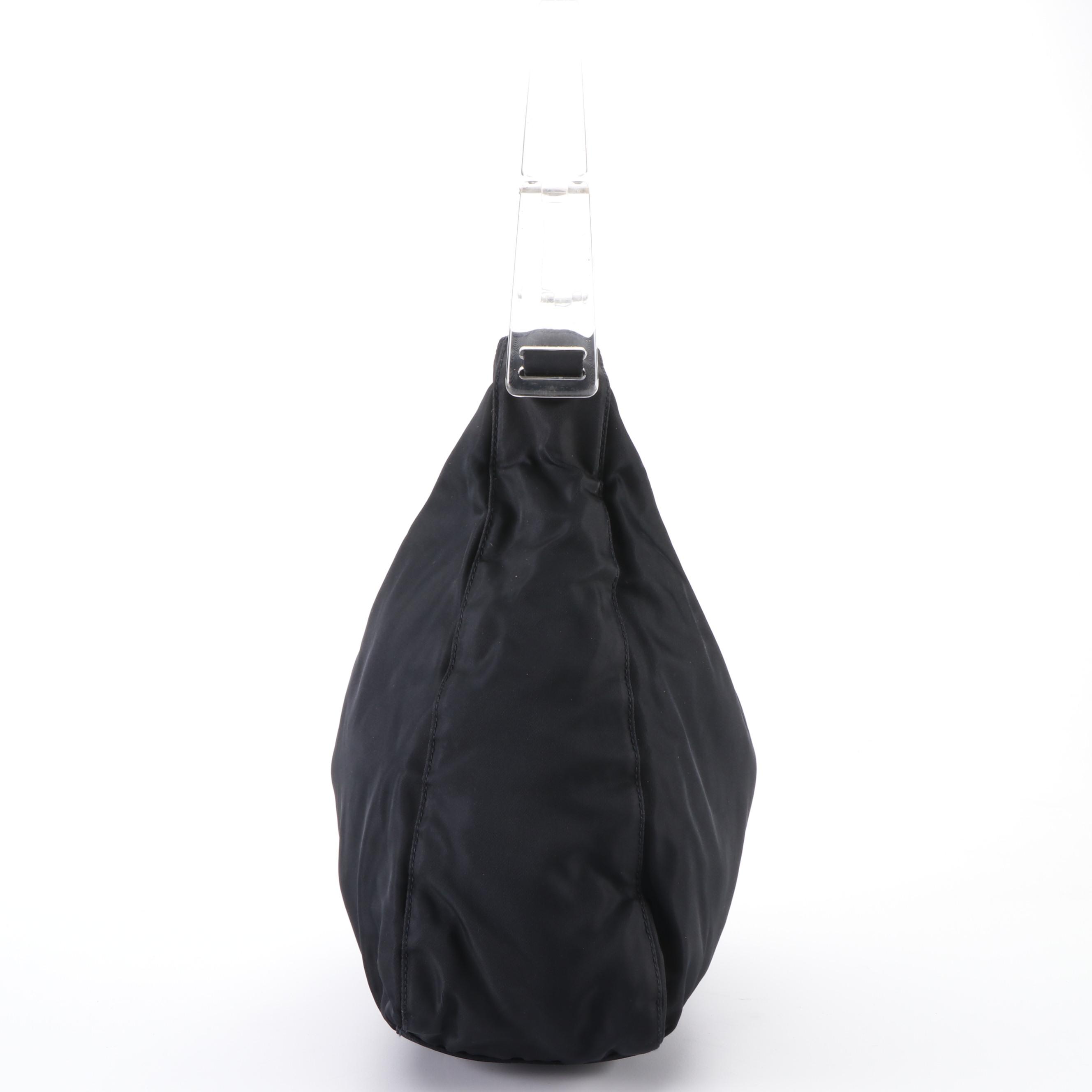 Prada Shoulder Bag in Black Tessuto Nylon with Hinged Clear Lucite Handle