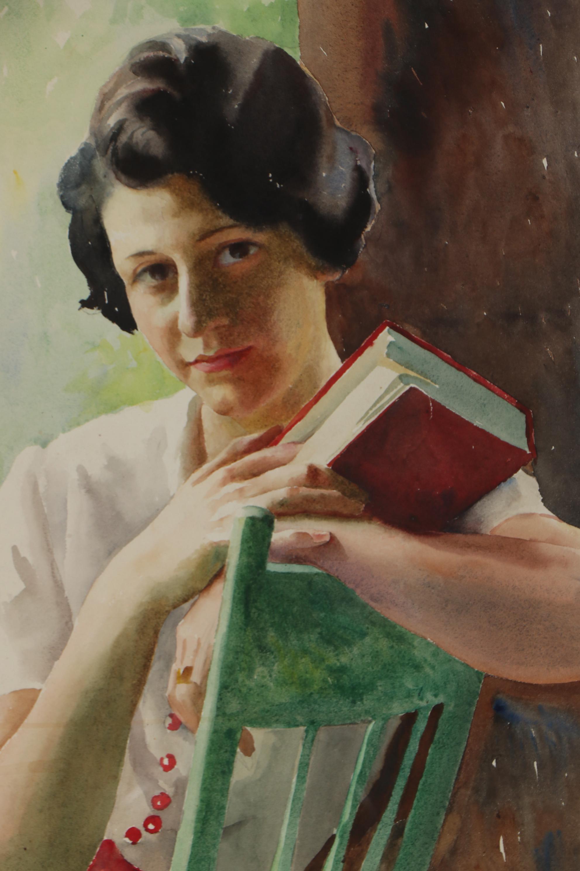 Alphaeus Philemon Cole Portrait Watercolor "Lady with a Book"