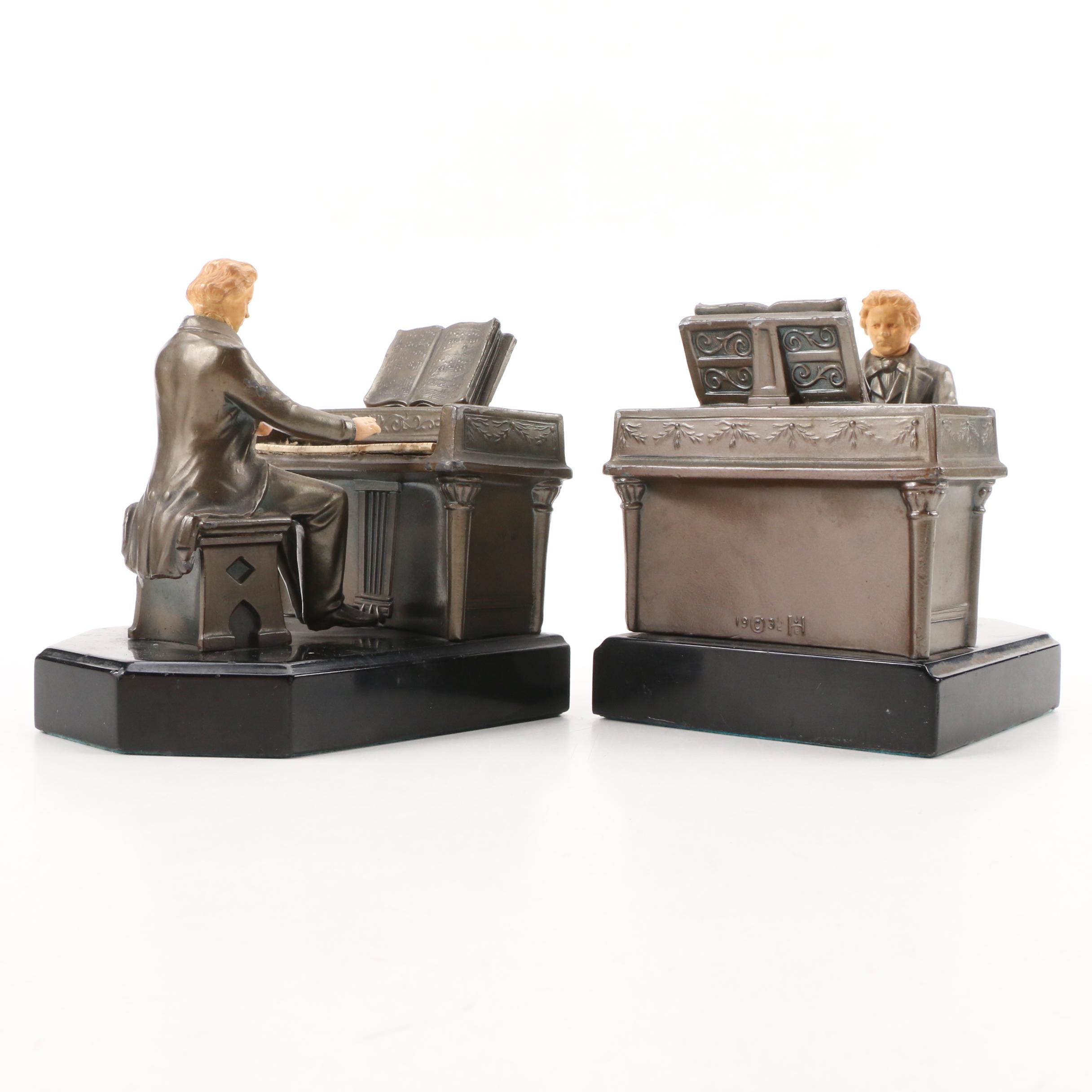 J.B. Hirsch "Beethoven Playing the Piano" Metal Bookends, 1932