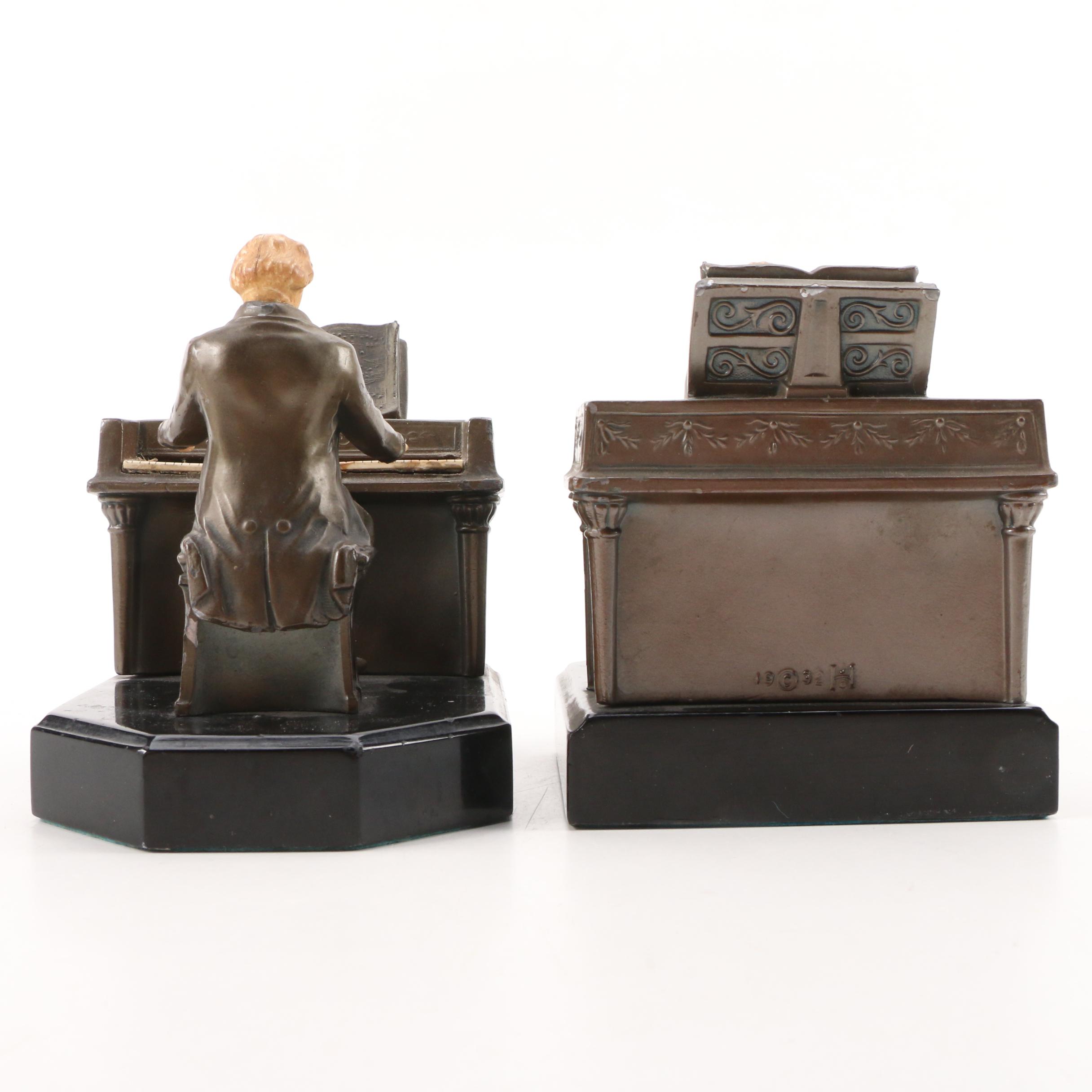 J.B. Hirsch "Beethoven Playing the Piano" Metal Bookends, 1932