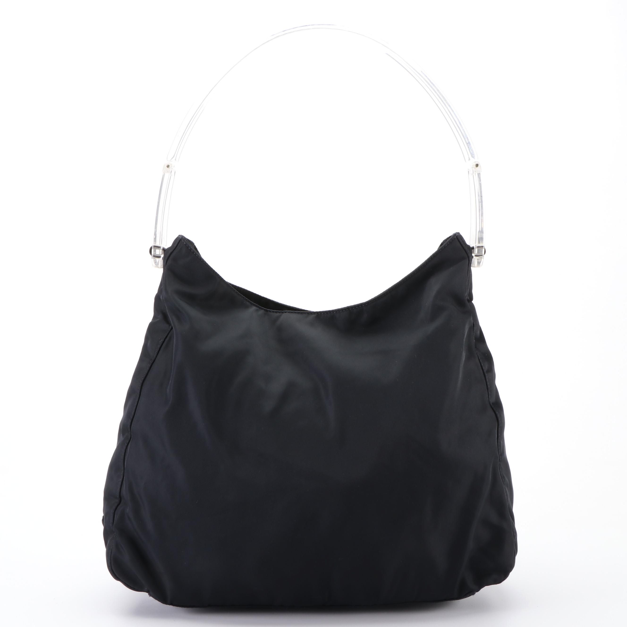 Prada Shoulder Bag in Black Tessuto Nylon with Hinged Clear Lucite Handle