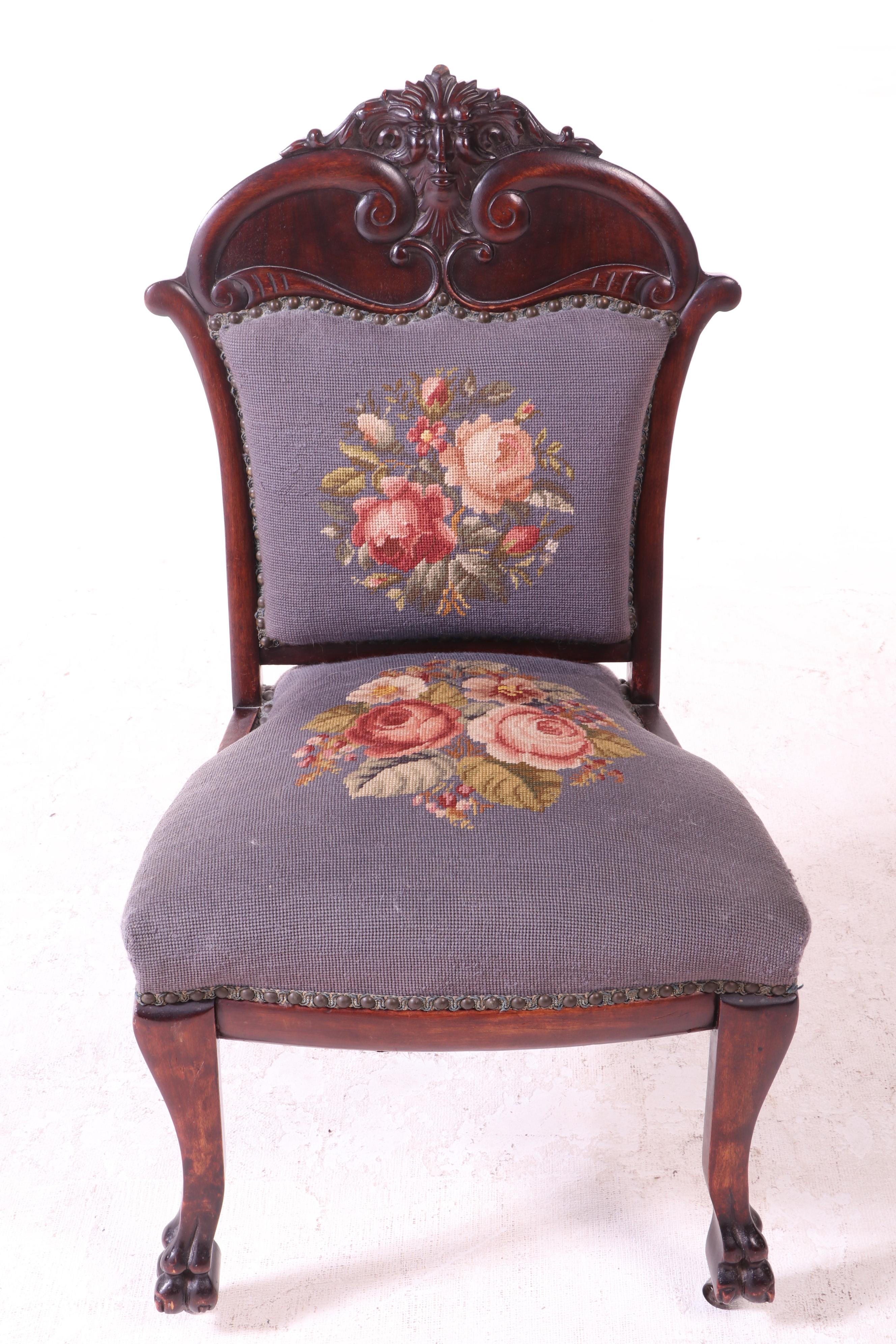 American Renaissance Revival Birch and Needlepoint "Green Man" Parlor Chair