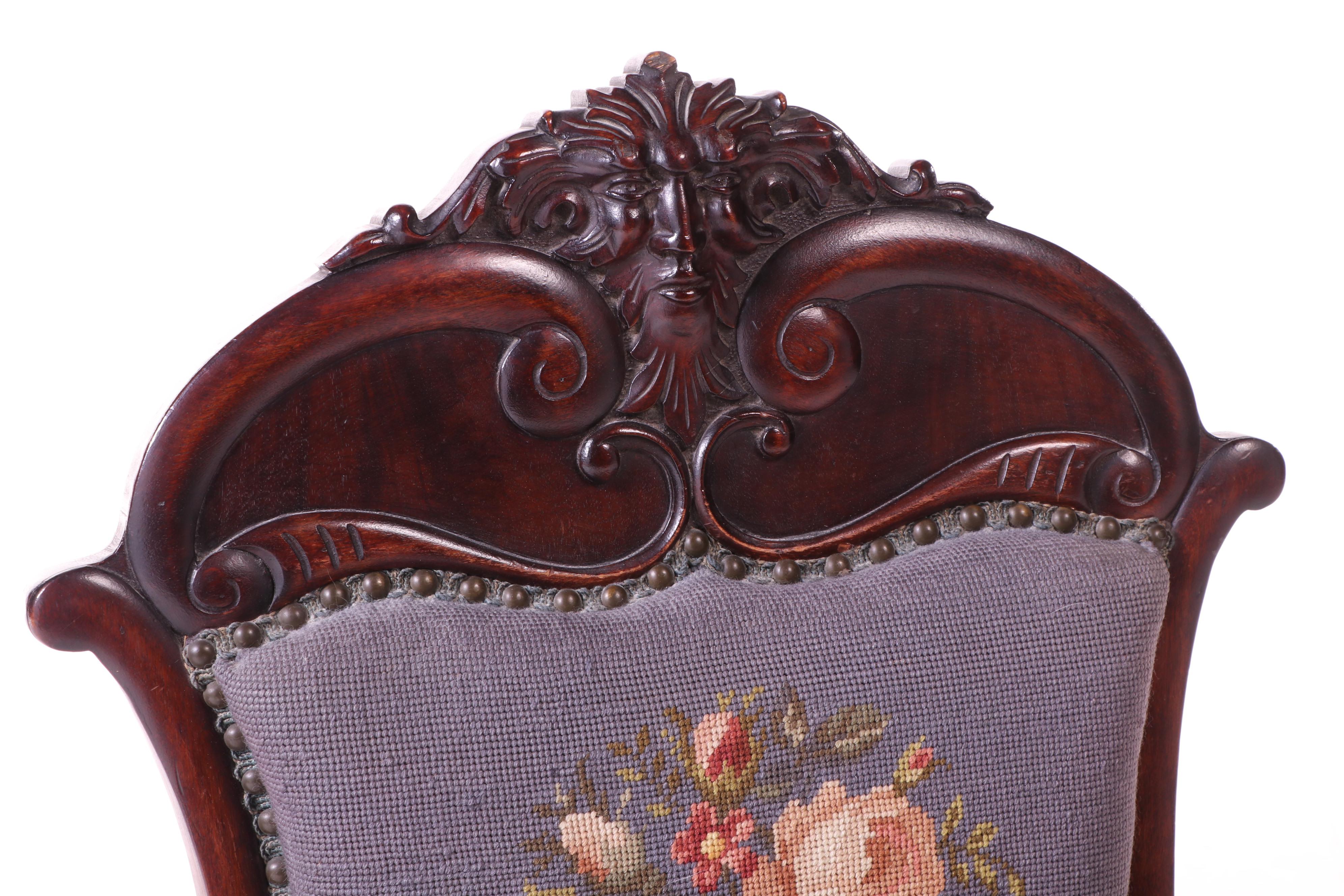 American Renaissance Revival Birch and Needlepoint "Green Man" Parlor Chair