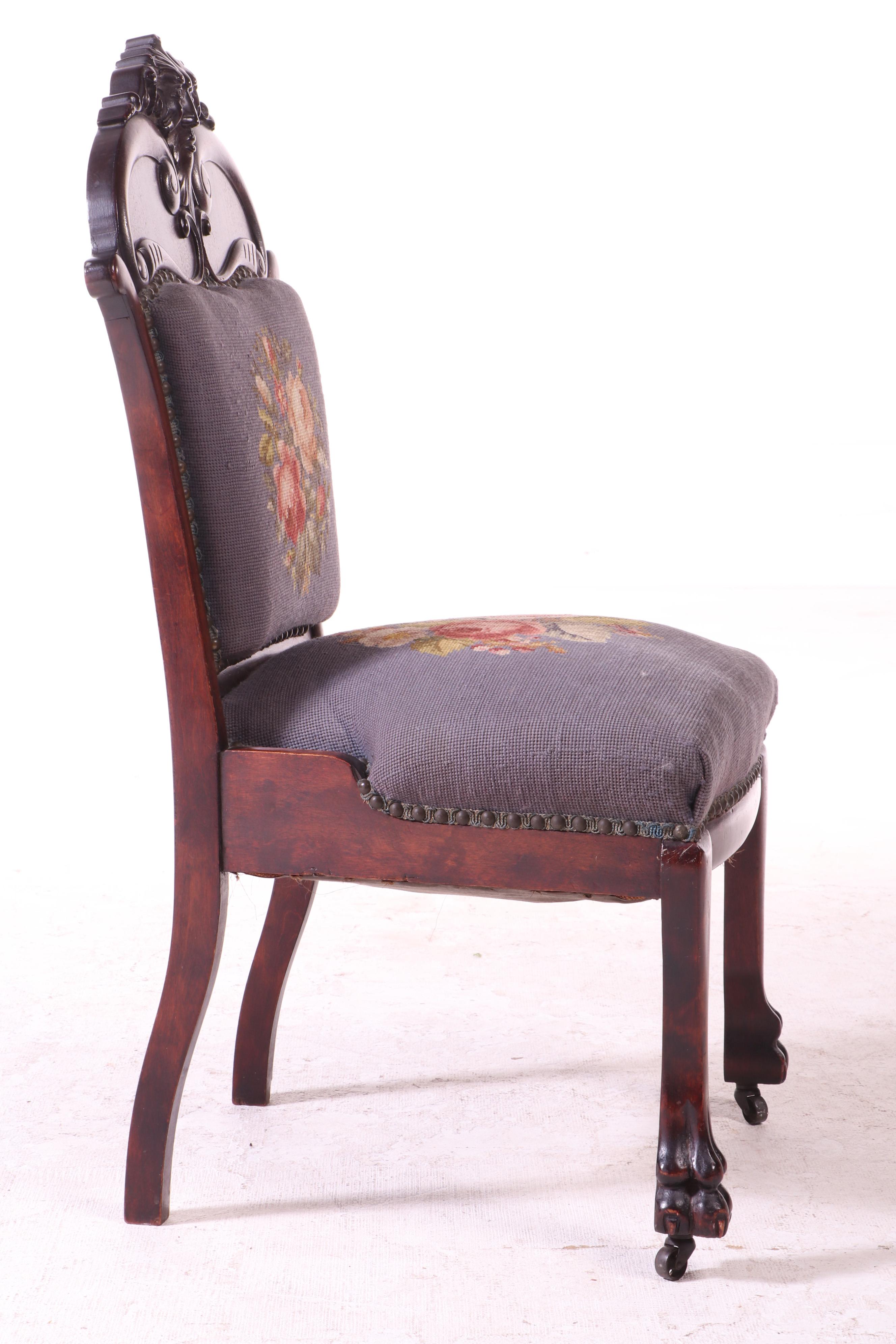 American Renaissance Revival Birch and Needlepoint "Green Man" Parlor Chair
