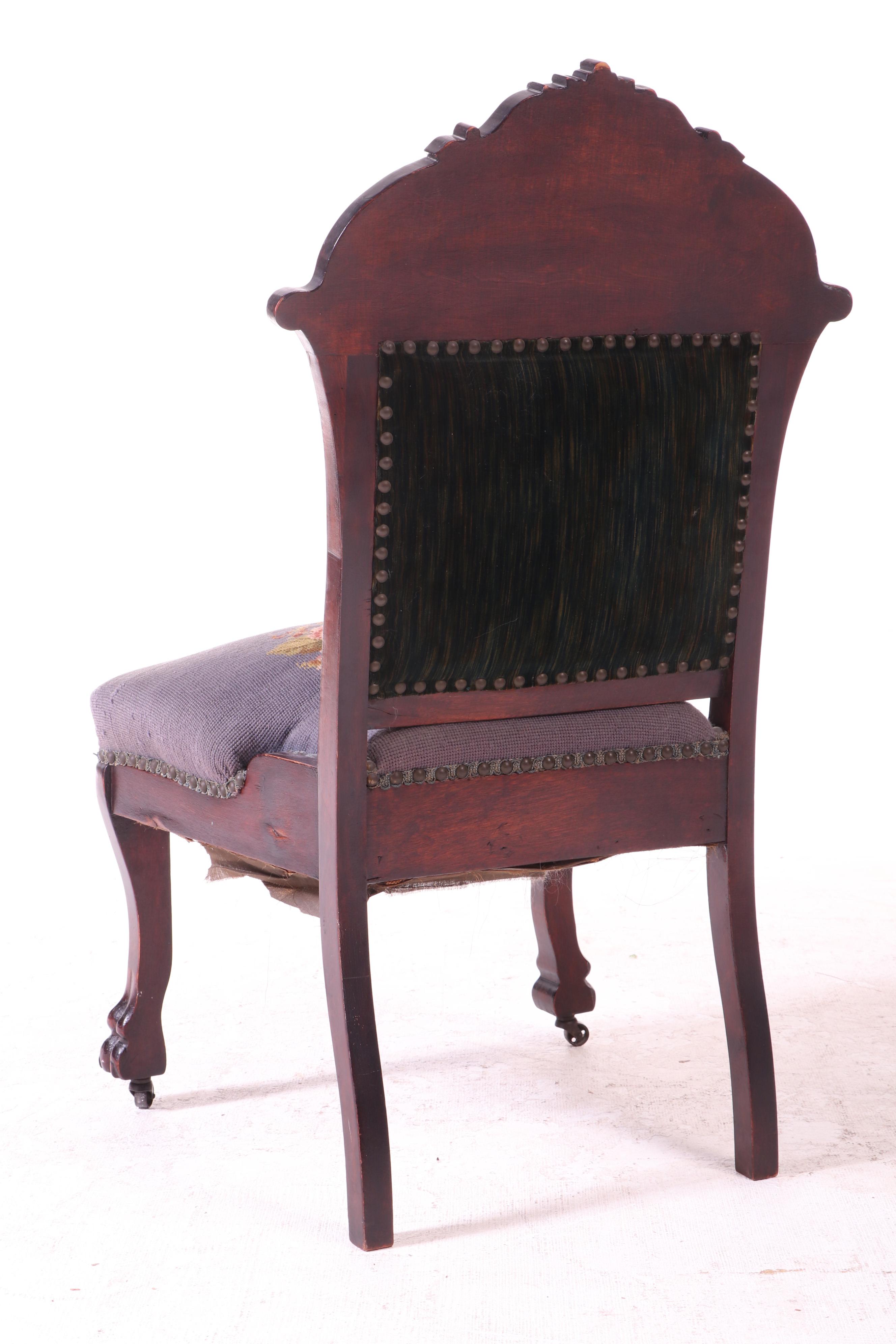 American Renaissance Revival Birch and Needlepoint "Green Man" Parlor Chair