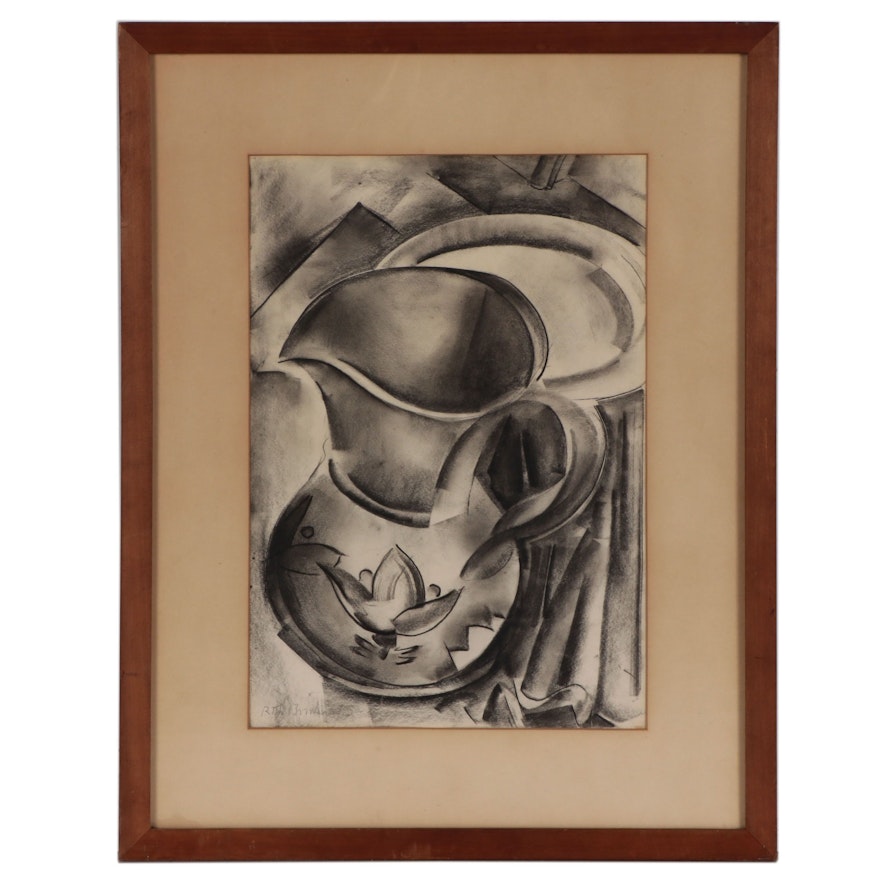 Still Life Charcoal Drawing of Czech Pottery, Mid-20th Century