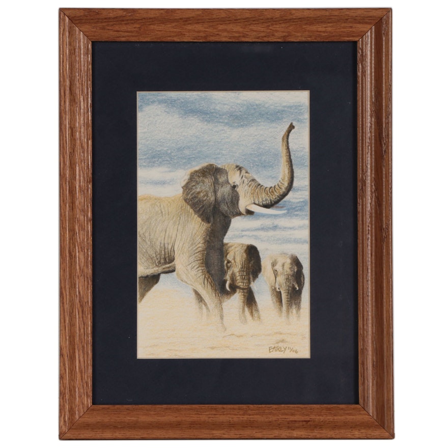 Larry Early Colored Pencil Drawing of Elephants "Stir of Dust", 2006