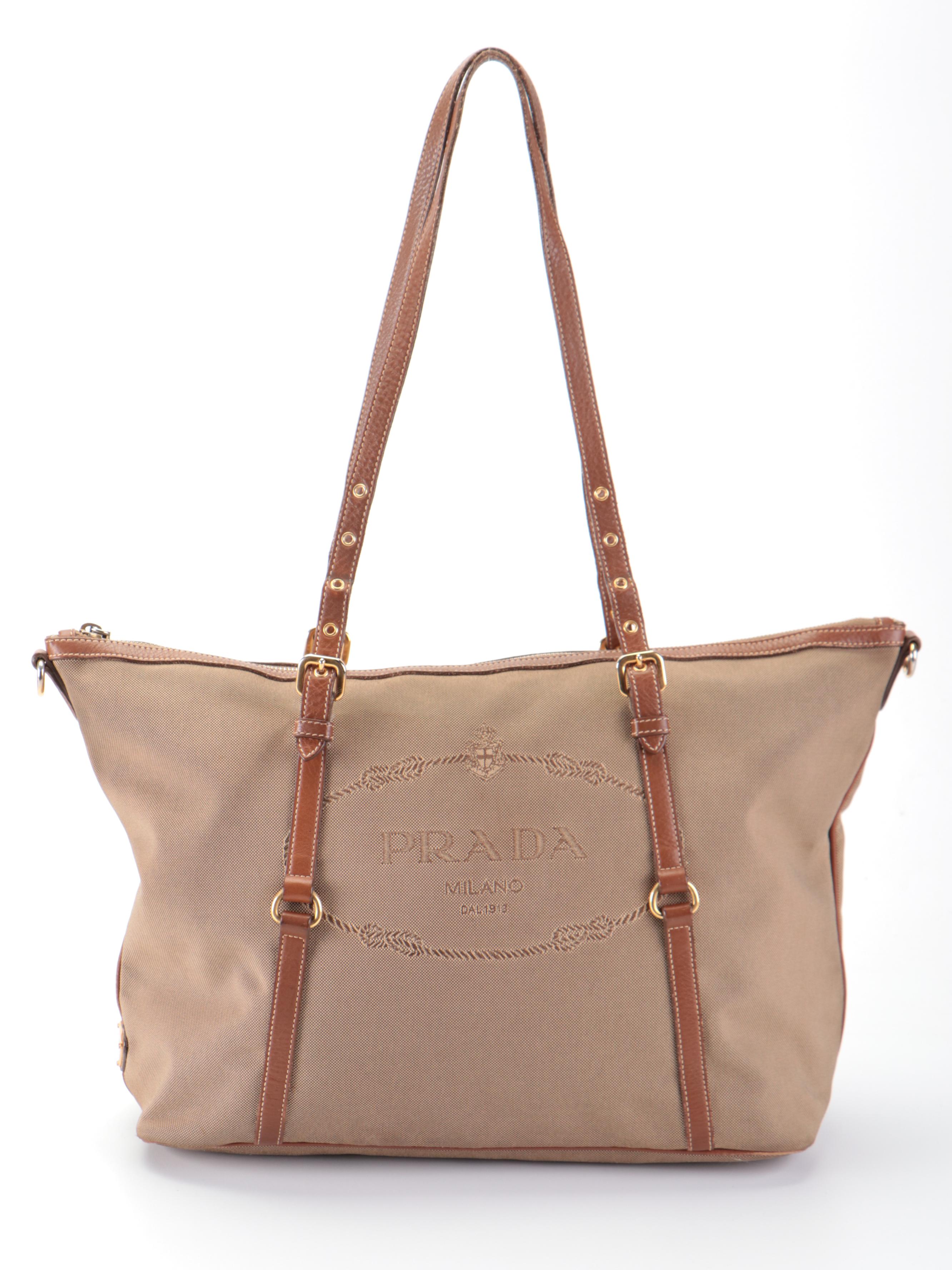 Prada Corda/Brandy Logo Jacquard Canvas and Leather Large Tote Bag