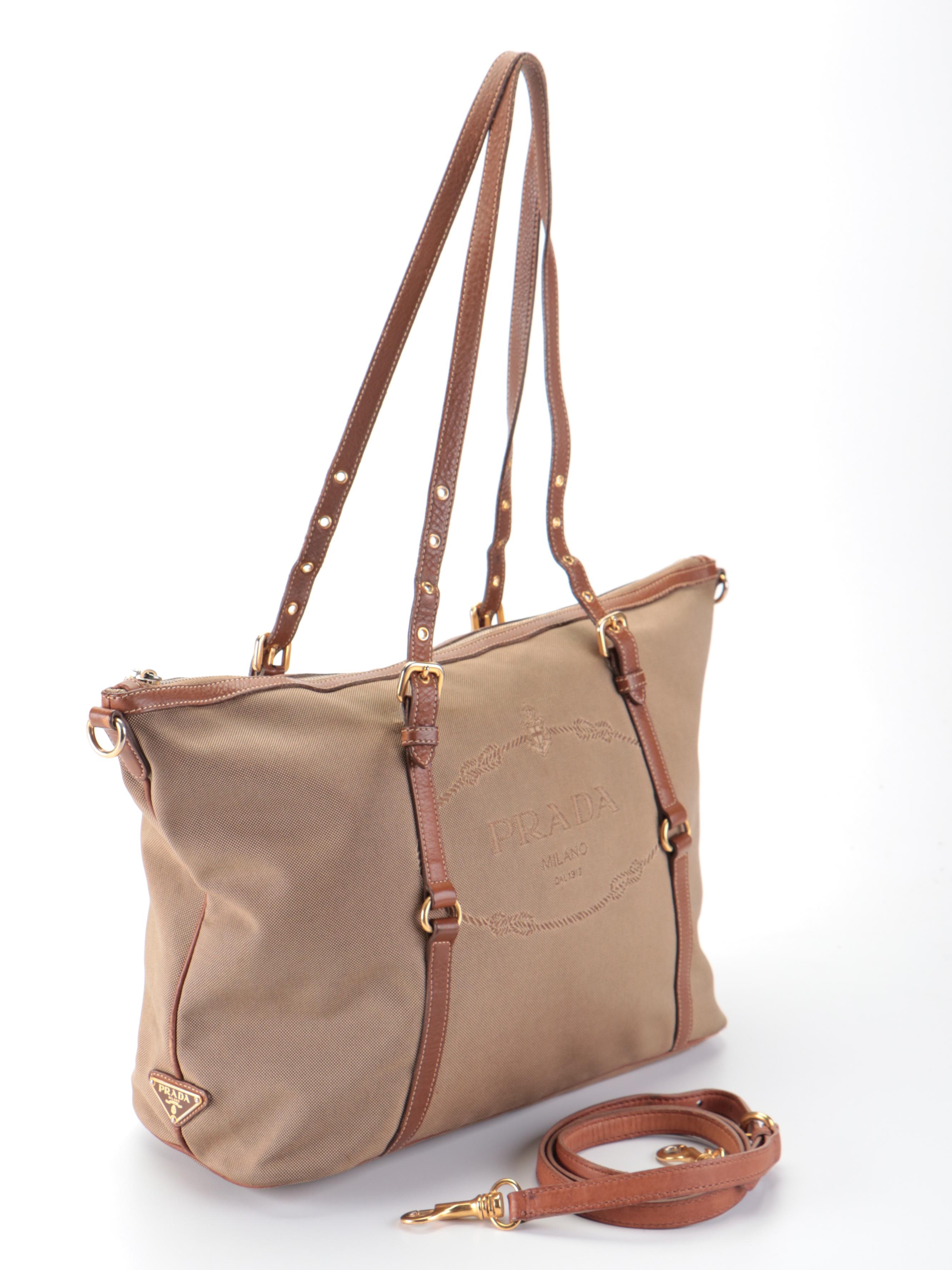 Prada Corda/Brandy Logo Jacquard Canvas and Leather Large Tote Bag