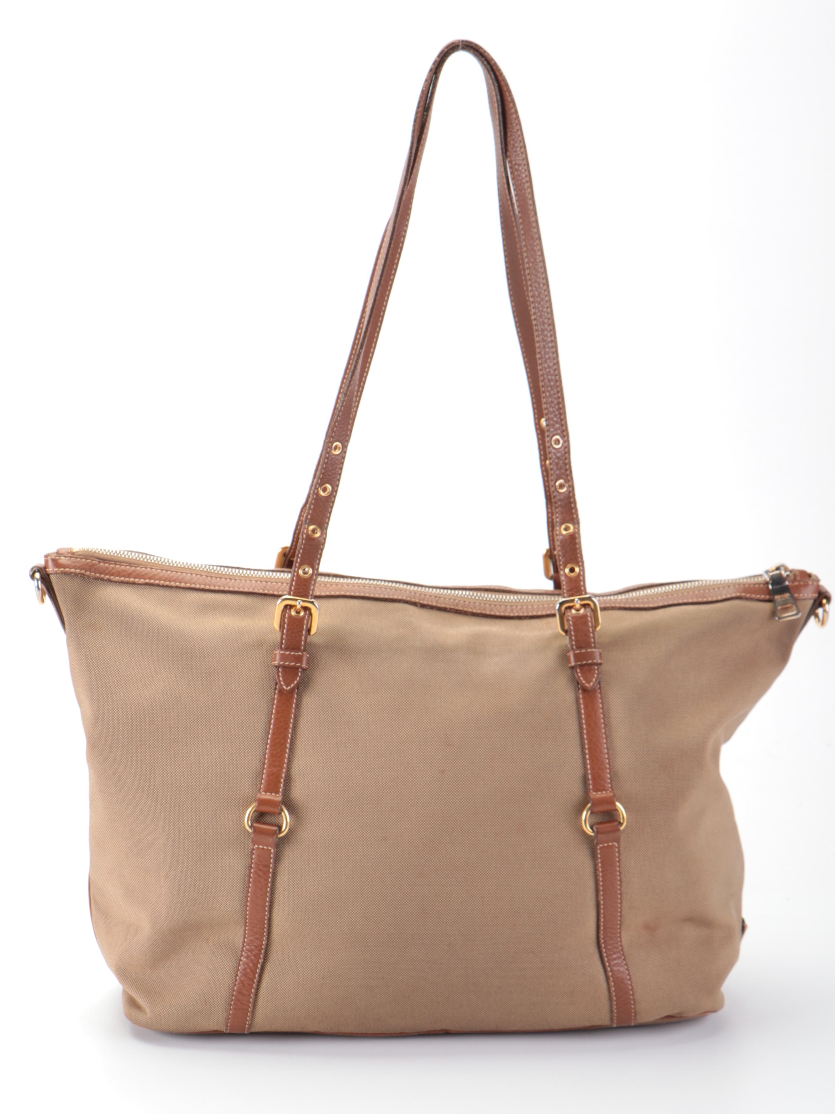 Prada Corda/Brandy Logo Jacquard Canvas and Leather Large Tote Bag