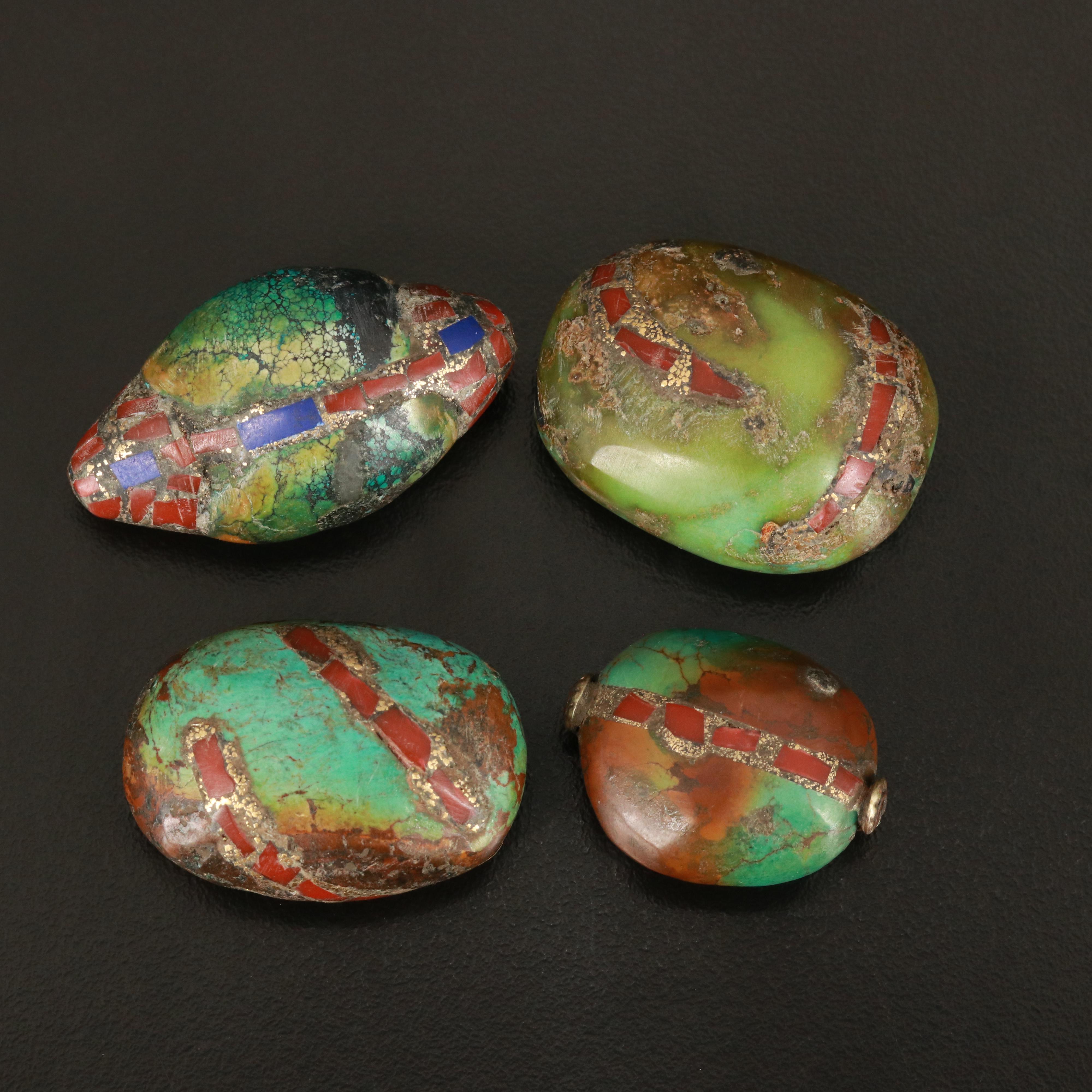 Loose Turquoise Beads with Coral and Lapis Lazuli Inlay