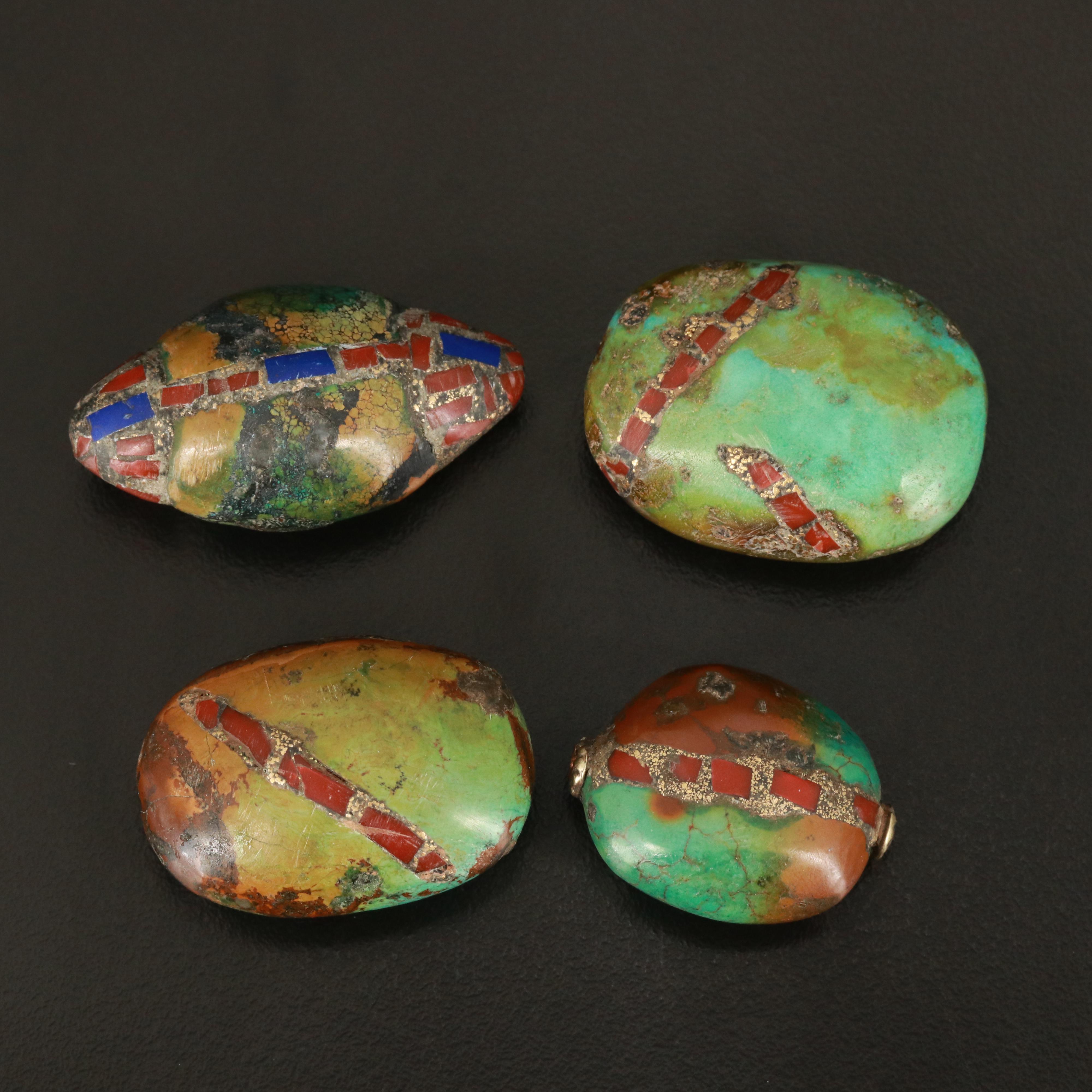 Loose Turquoise Beads with Coral and Lapis Lazuli Inlay