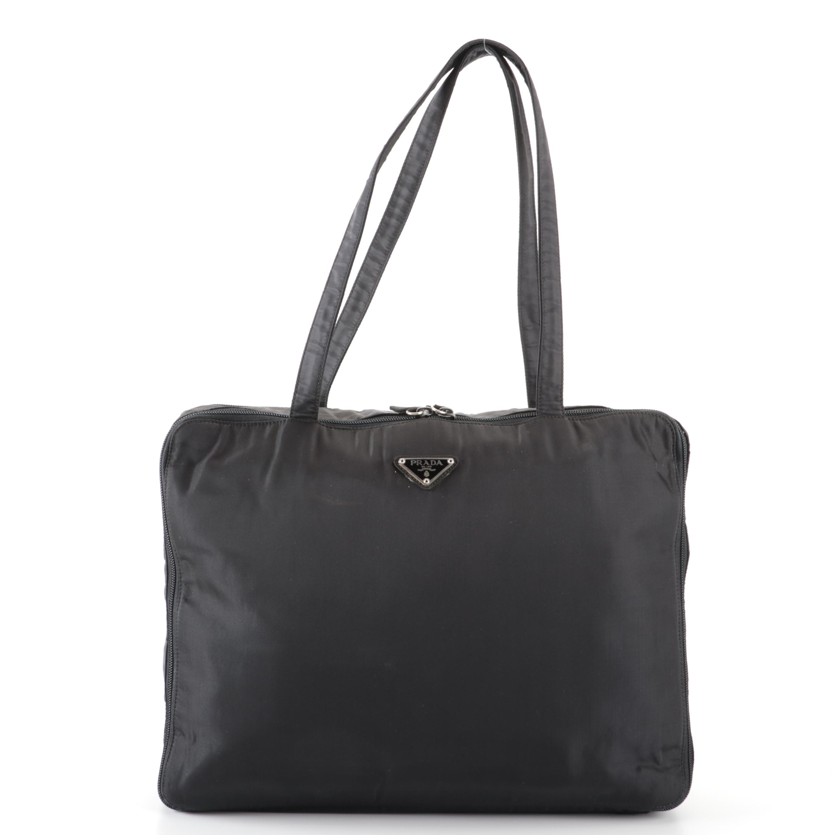 Prada Accordion-Style Zip Around Work Bag in Black Tessuto Nylon