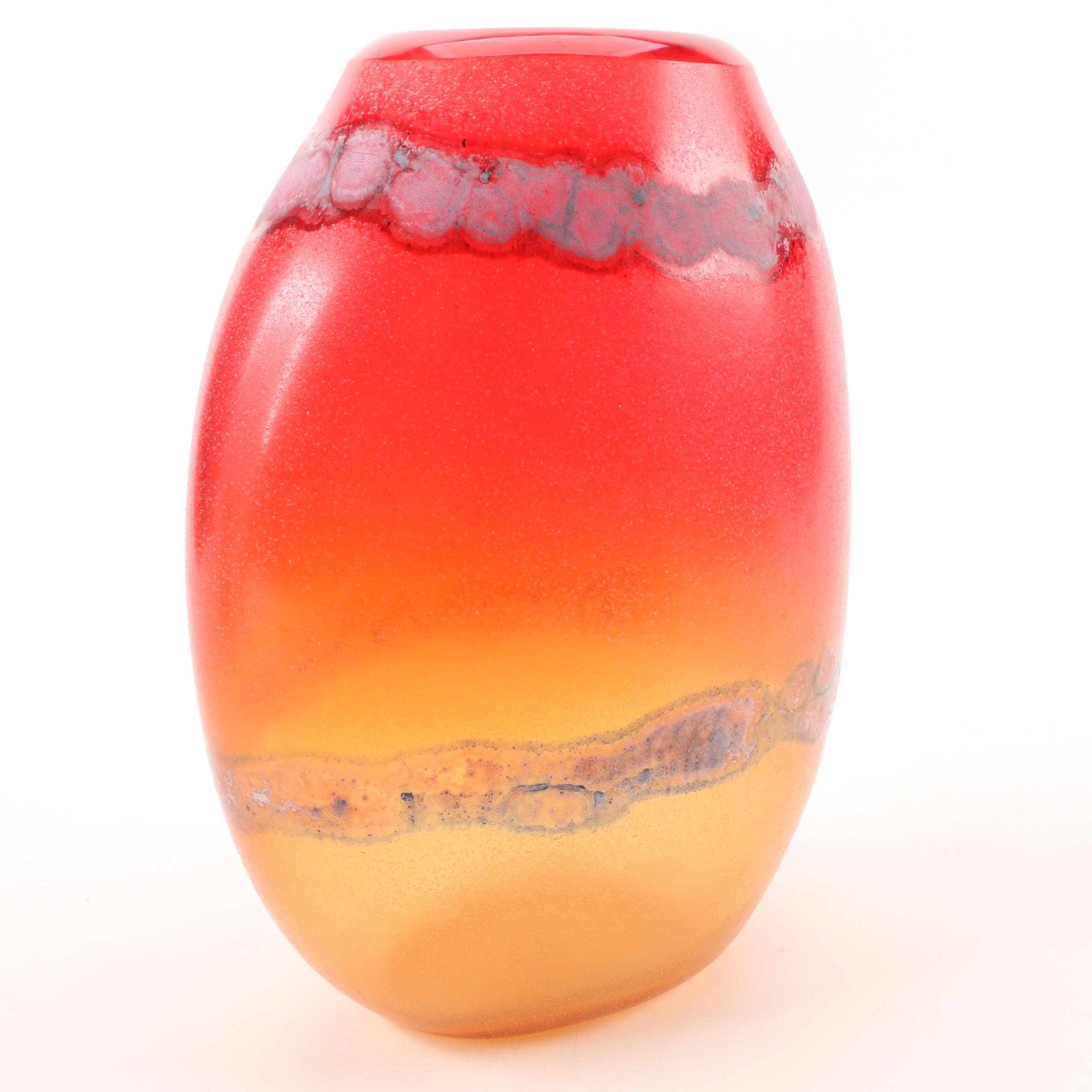 Alfredo Barbini Murano Red to Amber Scavo Vase, 1970s