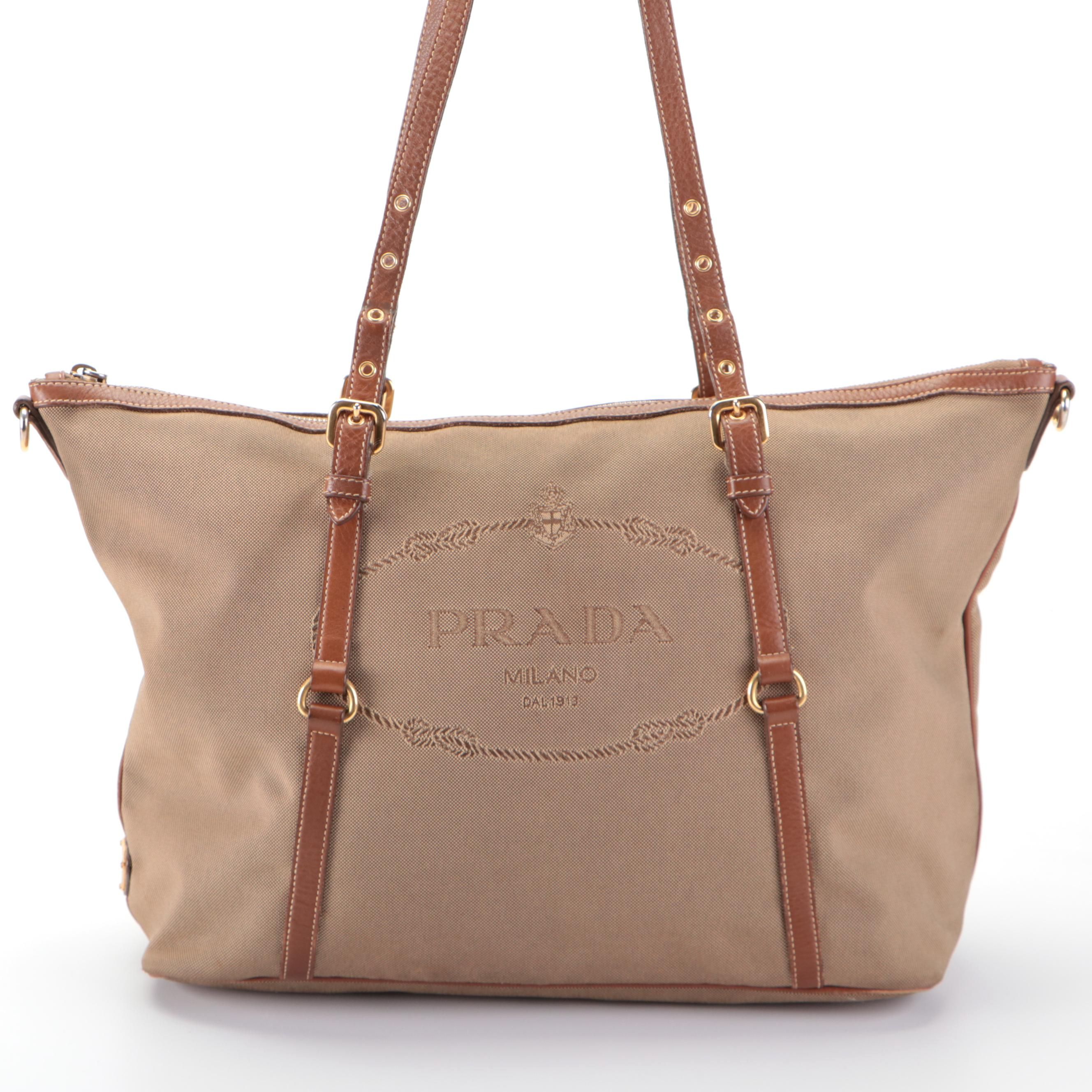 Prada Corda/Brandy Logo Jacquard Canvas and Leather Large Tote Bag
