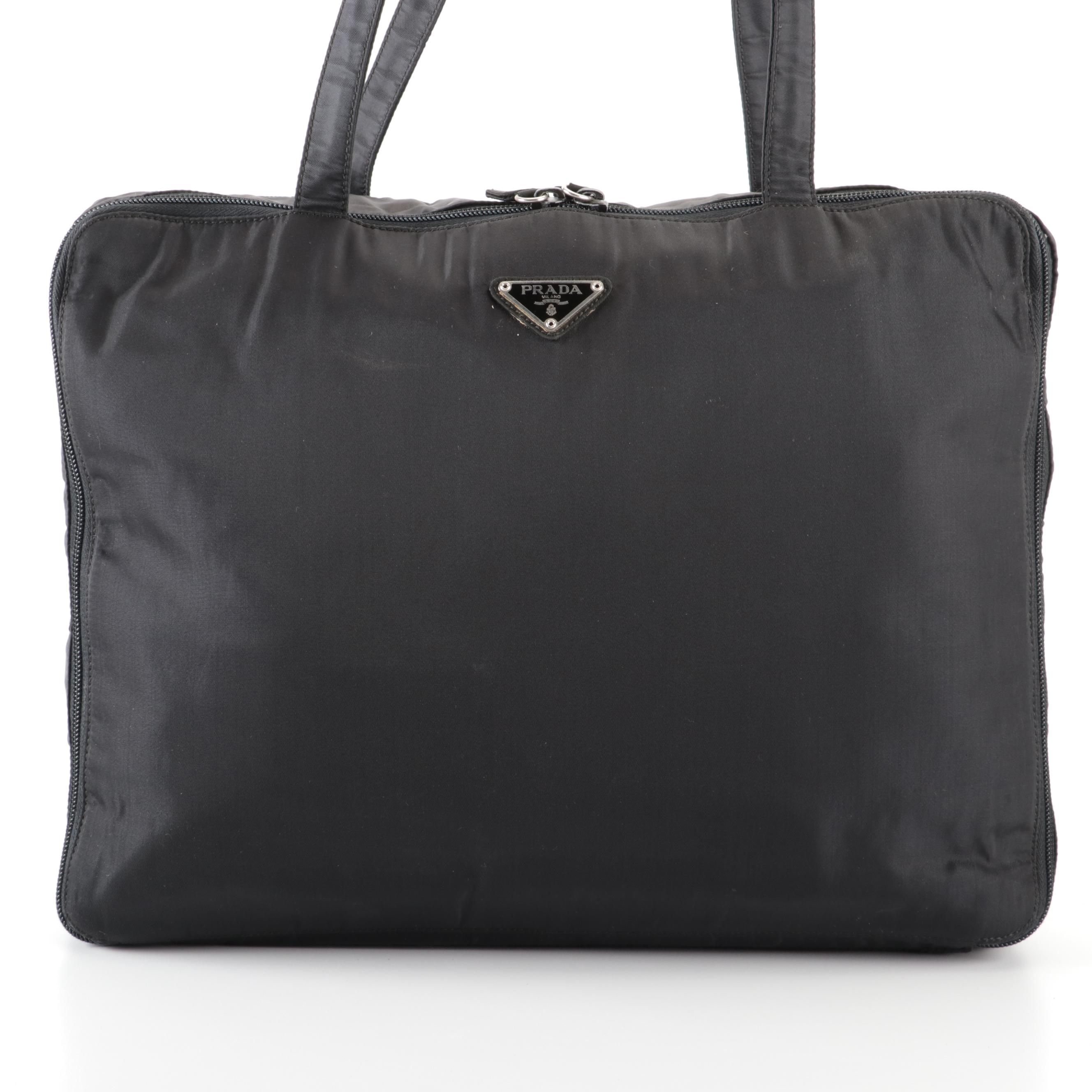 Prada Accordion-Style Zip Around Work Bag in Black Tessuto Nylon