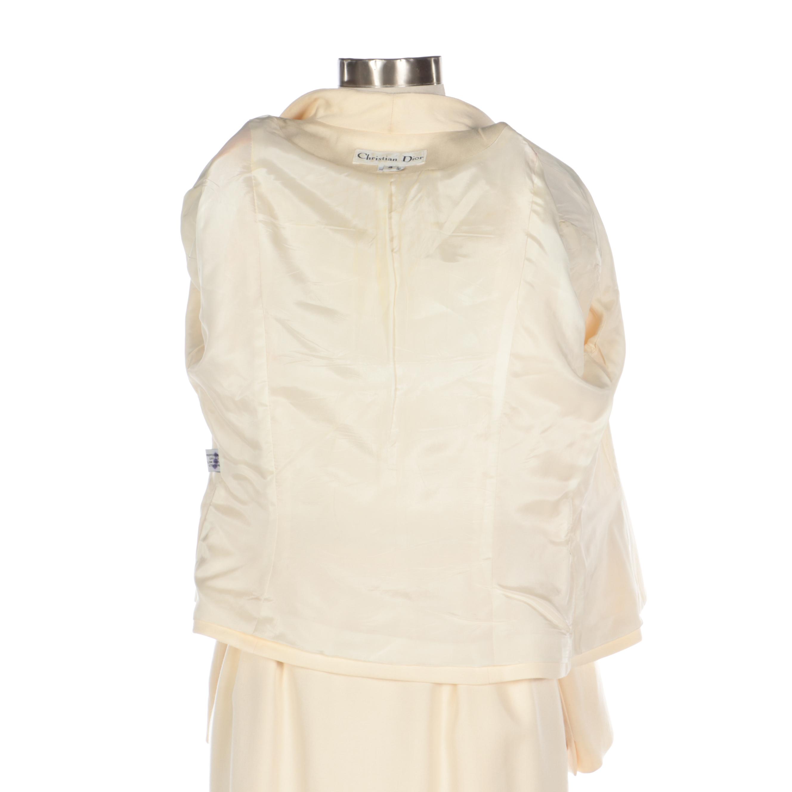 Christian Dior Skirt Suit in Ivory Wool with Embellished Pocket Trim