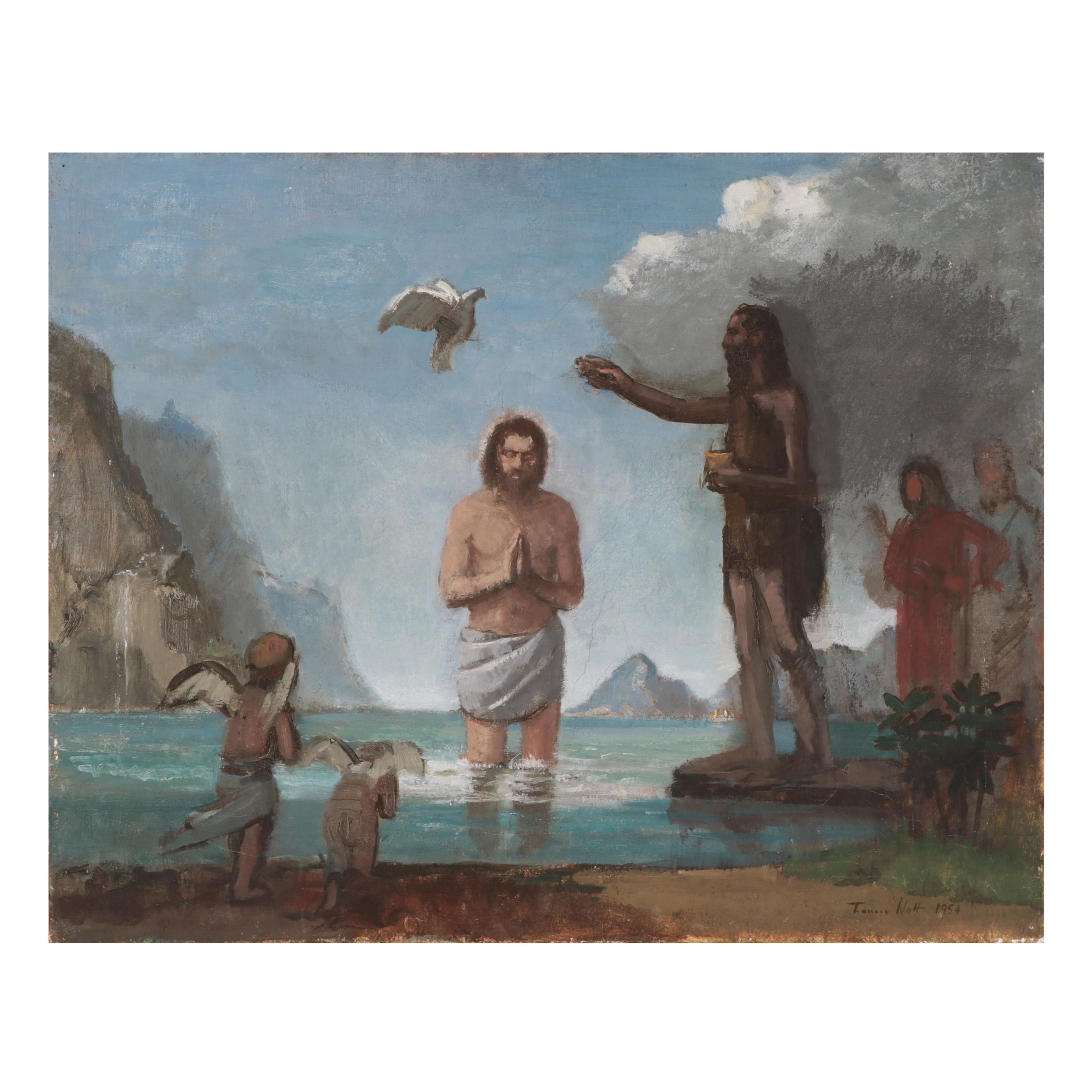 Frances Watt Oil Painting of Baptism of Jesus in the Jordan, 1954