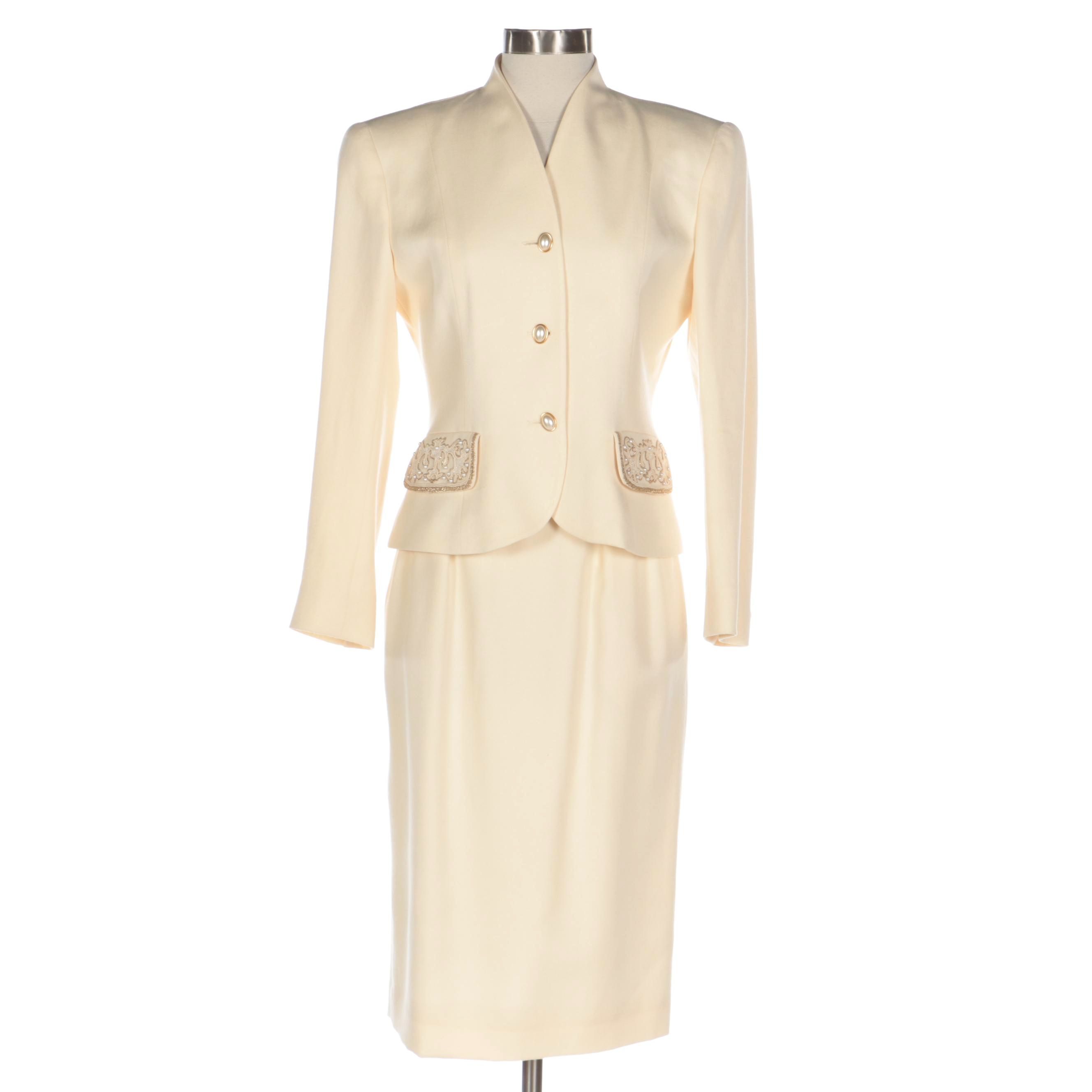 Christian Dior Skirt Suit in Ivory Wool with Embellished Pocket Trim