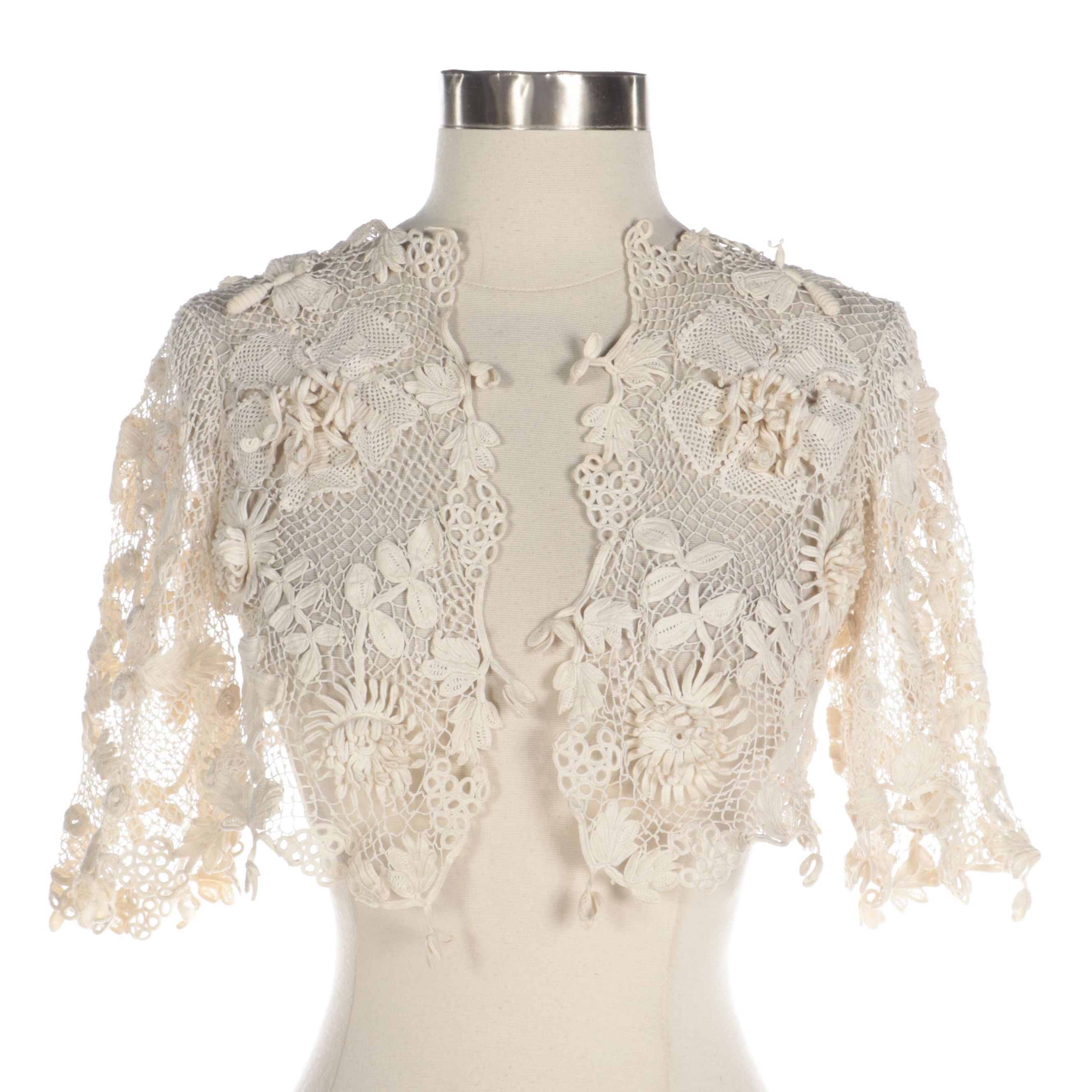 Edwardian Irish Crochet Lace Jacket with Dragonfly Accents