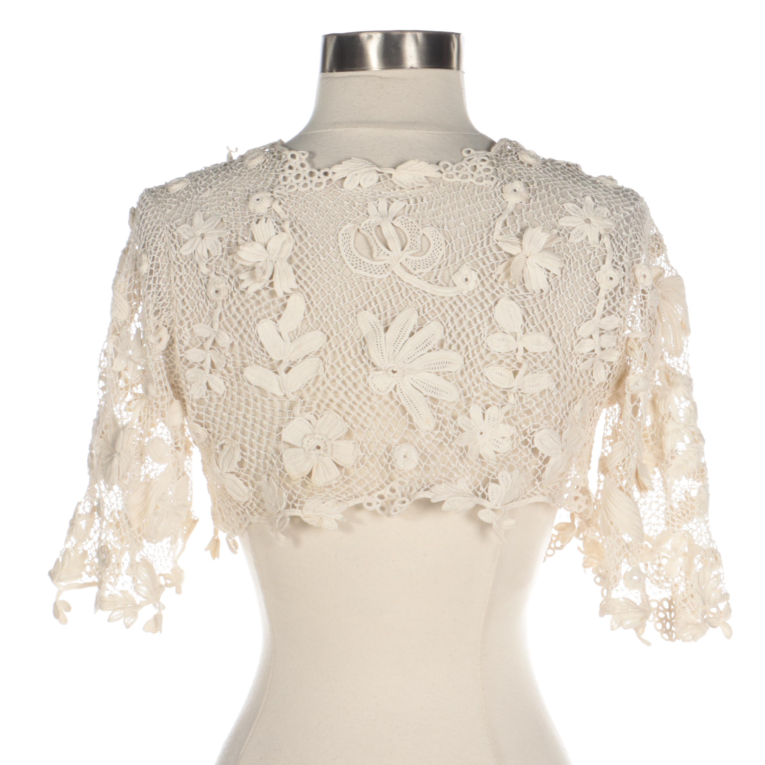 Edwardian Irish Crochet Lace Jacket with Dragonfly Accents