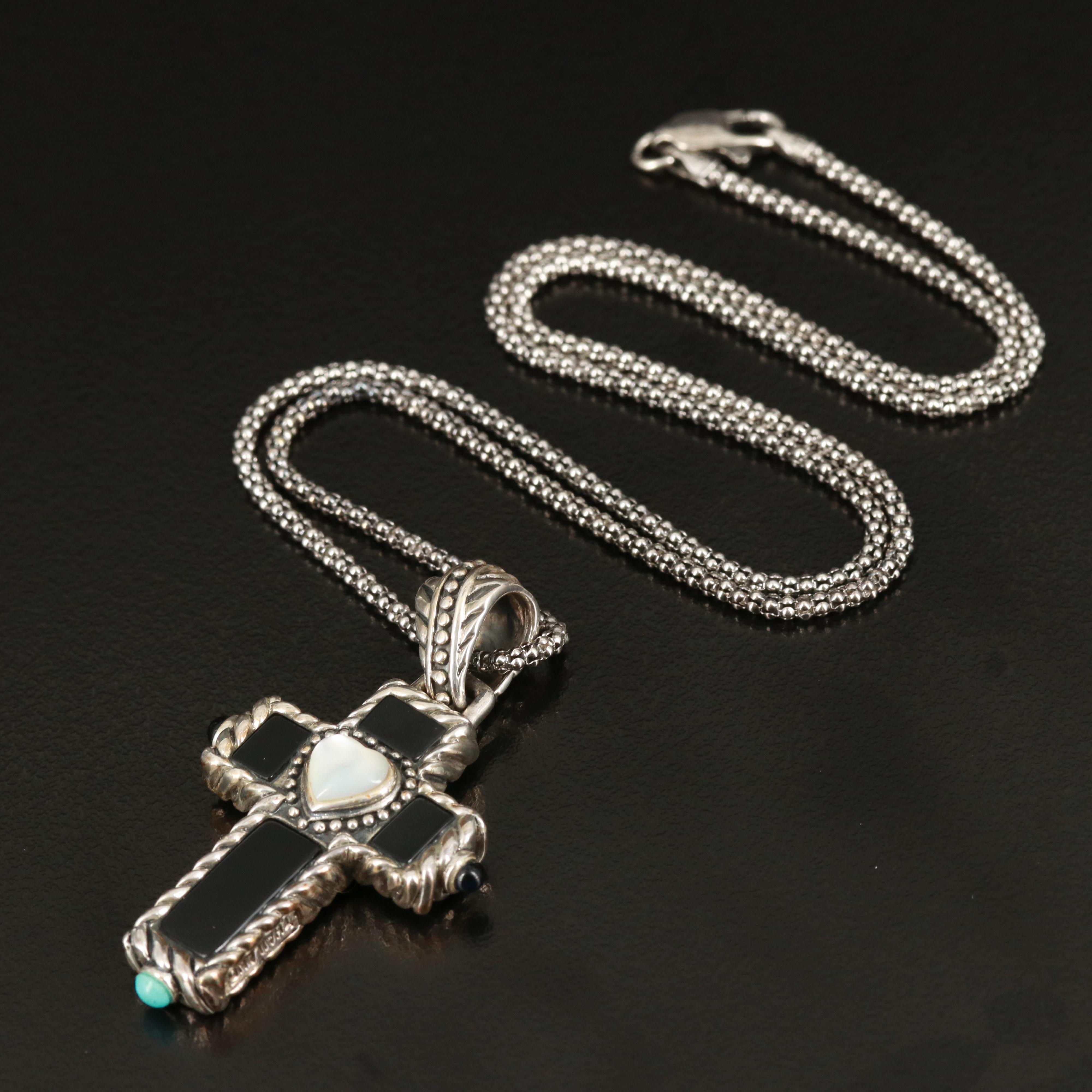 Sterling Reversible Gemstone Cross Pendant Necklace