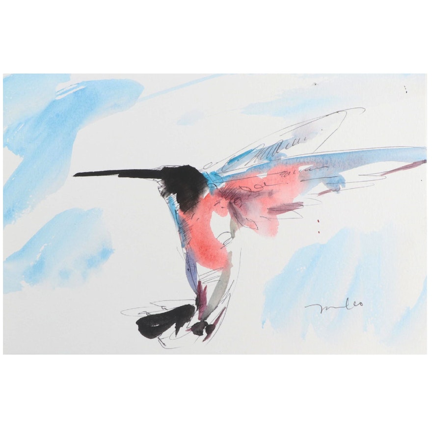 Jose Trujillo Watercolor Painting "Flying Hummingbird," 2021