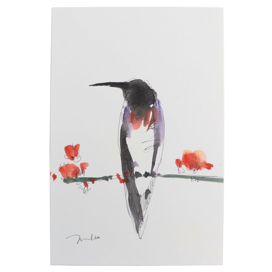 Jose Trujillo Watercolor Painting "Hummingbird With Flowers," 2021