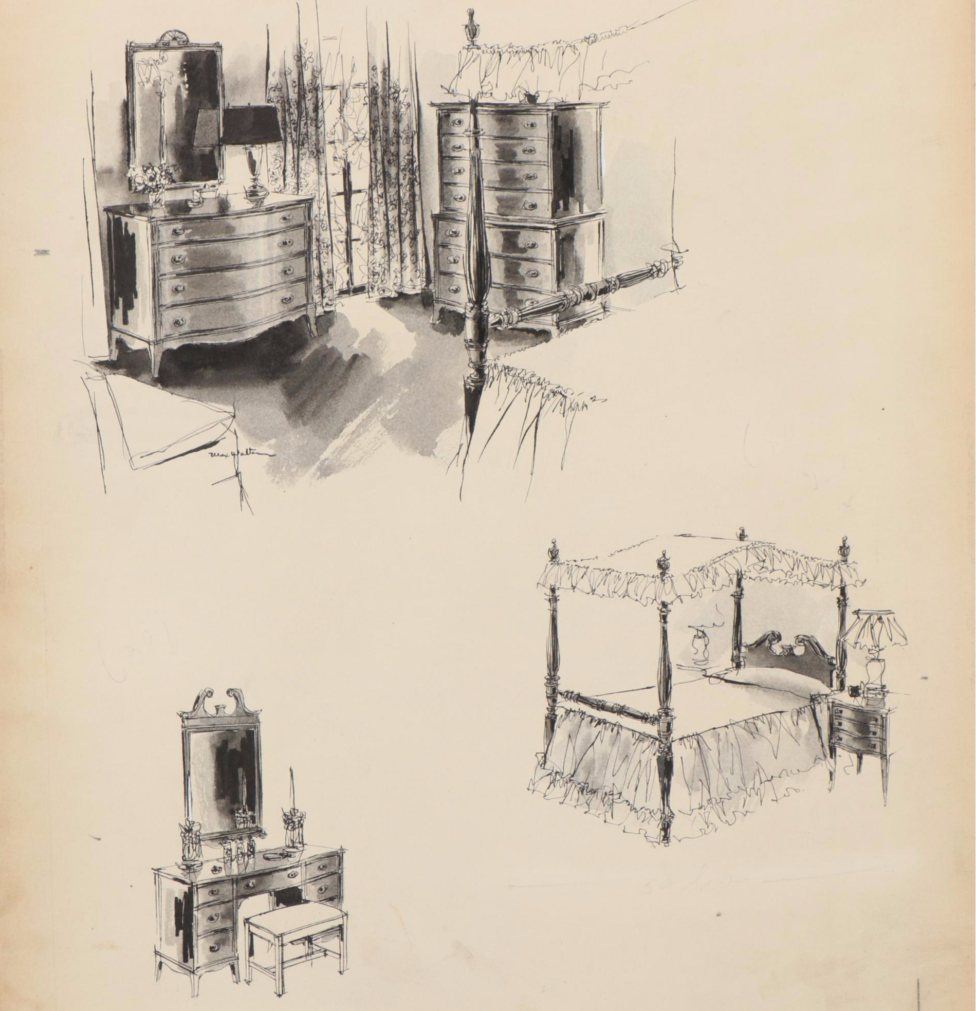 Max Walter Mid-Century Modern Furniture Illustrations for W. & J. Sloane