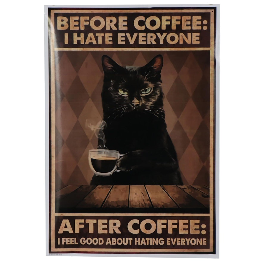 Giclée of a Black Cat Drinking Coffee, 21st Century