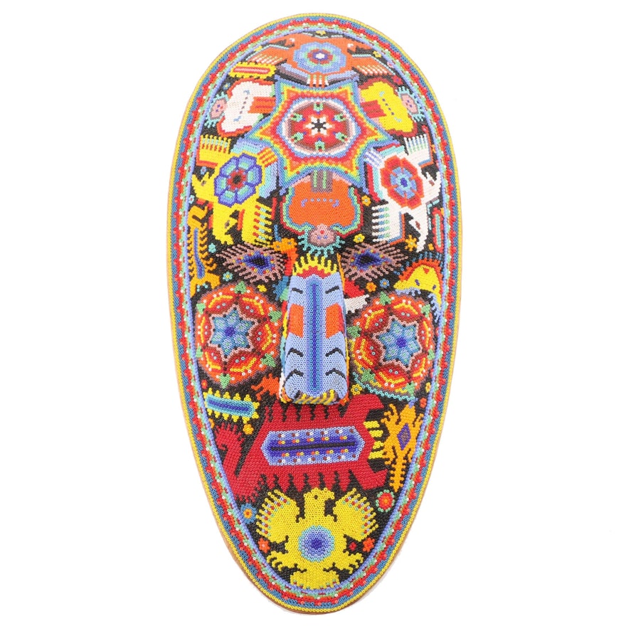 Mexican Huichol Tribe Beaded Decorated Wood Mask, Mid to Late 20th Century