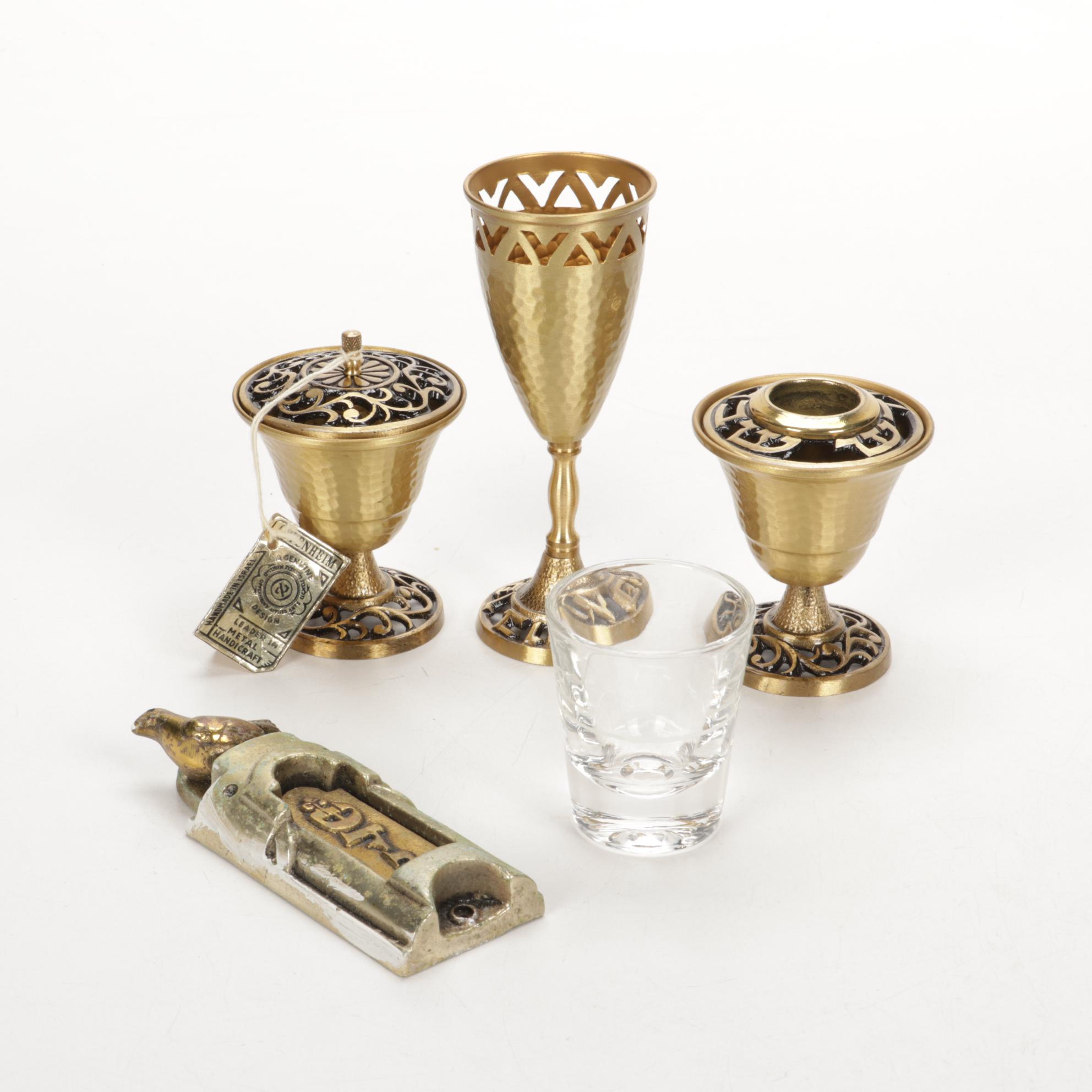 Oppenheim Handcrafted Israeli Brass Havdalah Set and Mezuzah Case