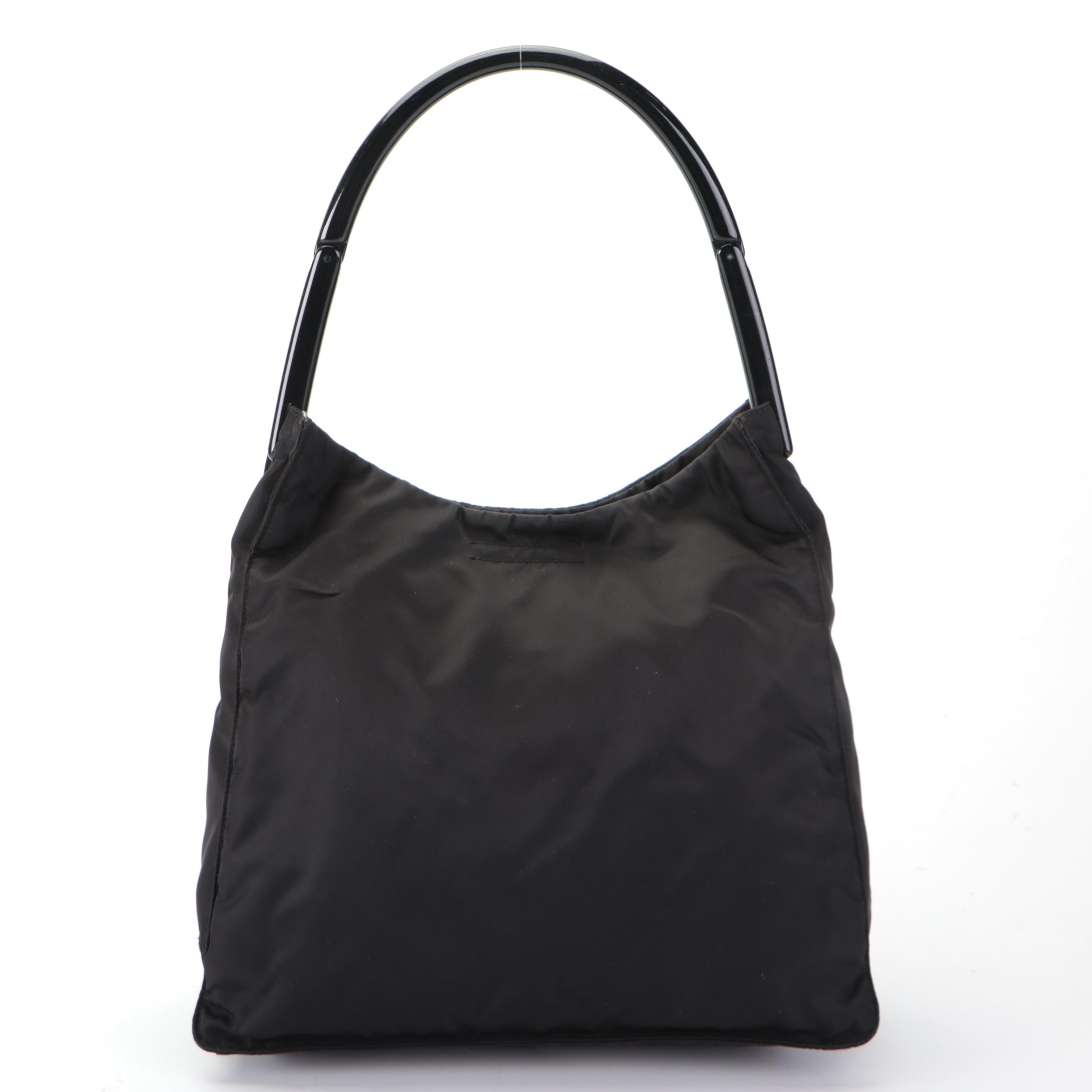 Prada Small Shoulder Bag in Black Nylon Tessuto with Hinged Composite Handle
