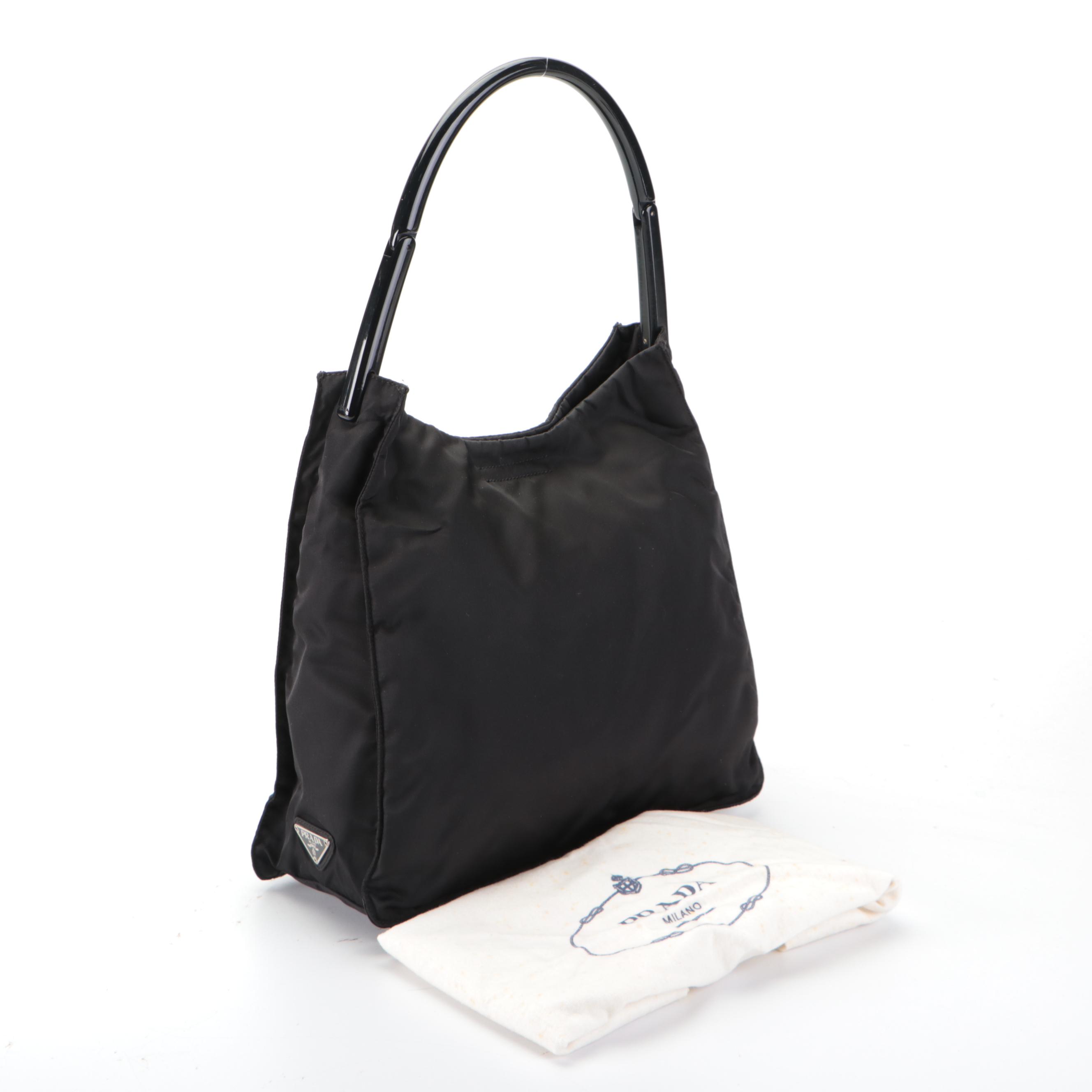 Prada Small Shoulder Bag in Black Nylon Tessuto with Hinged Composite Handle