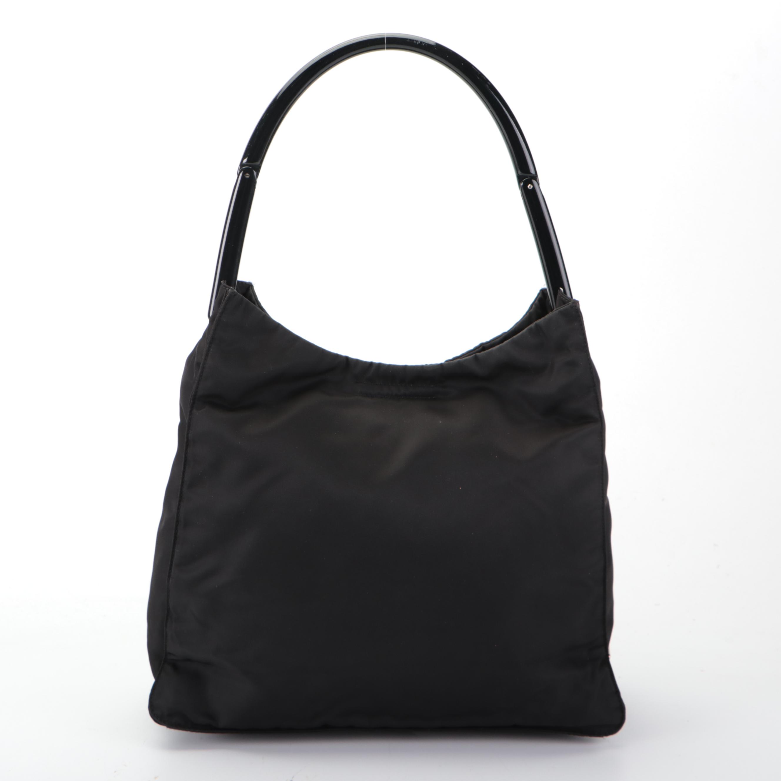 Prada Small Shoulder Bag in Black Nylon Tessuto with Hinged Composite Handle