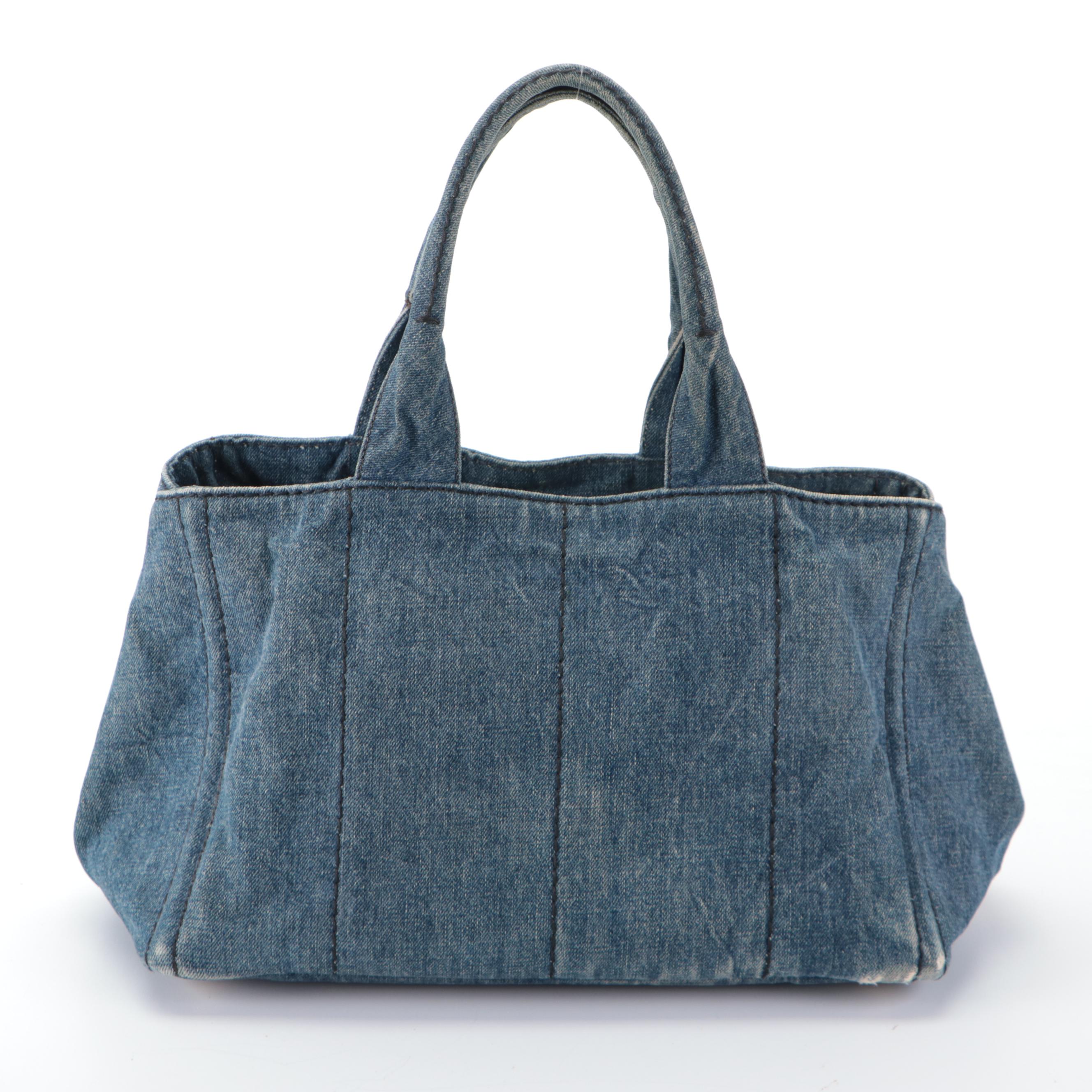 Prada Tote Bag in Blue Denim with Silkscreen Print Logo