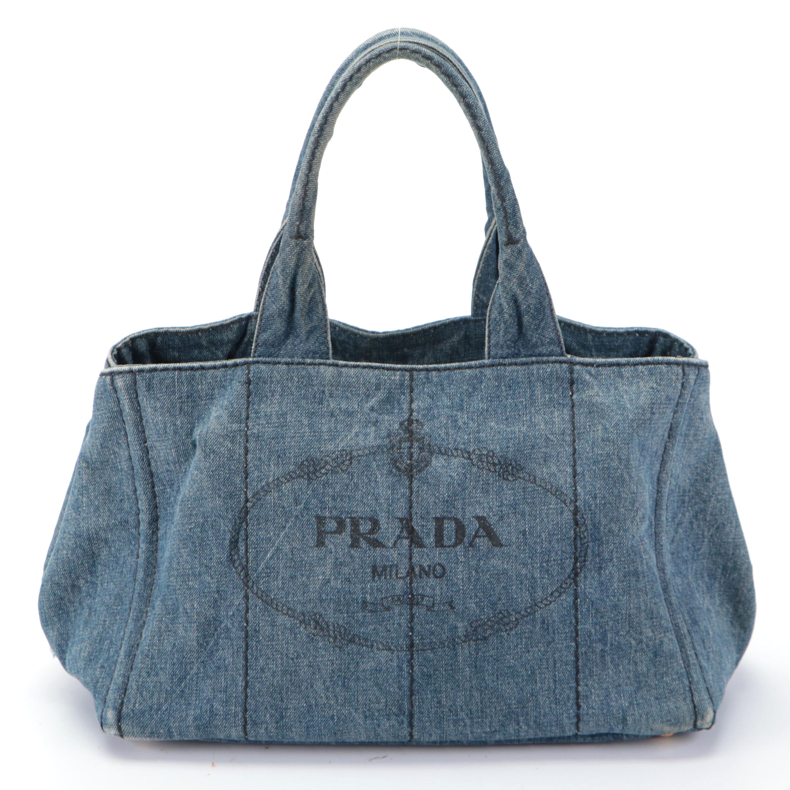 Prada Tote Bag in Blue Denim with Silkscreen Print Logo