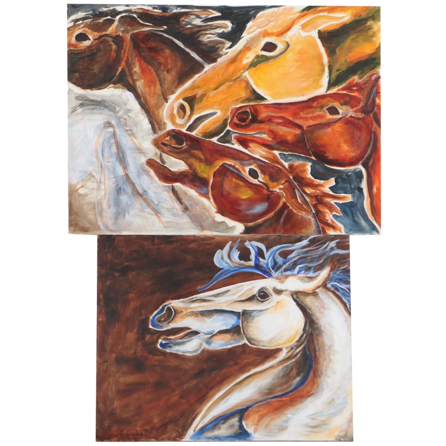 Acrylic Paintings of Stylized Horses, Late 20th Century