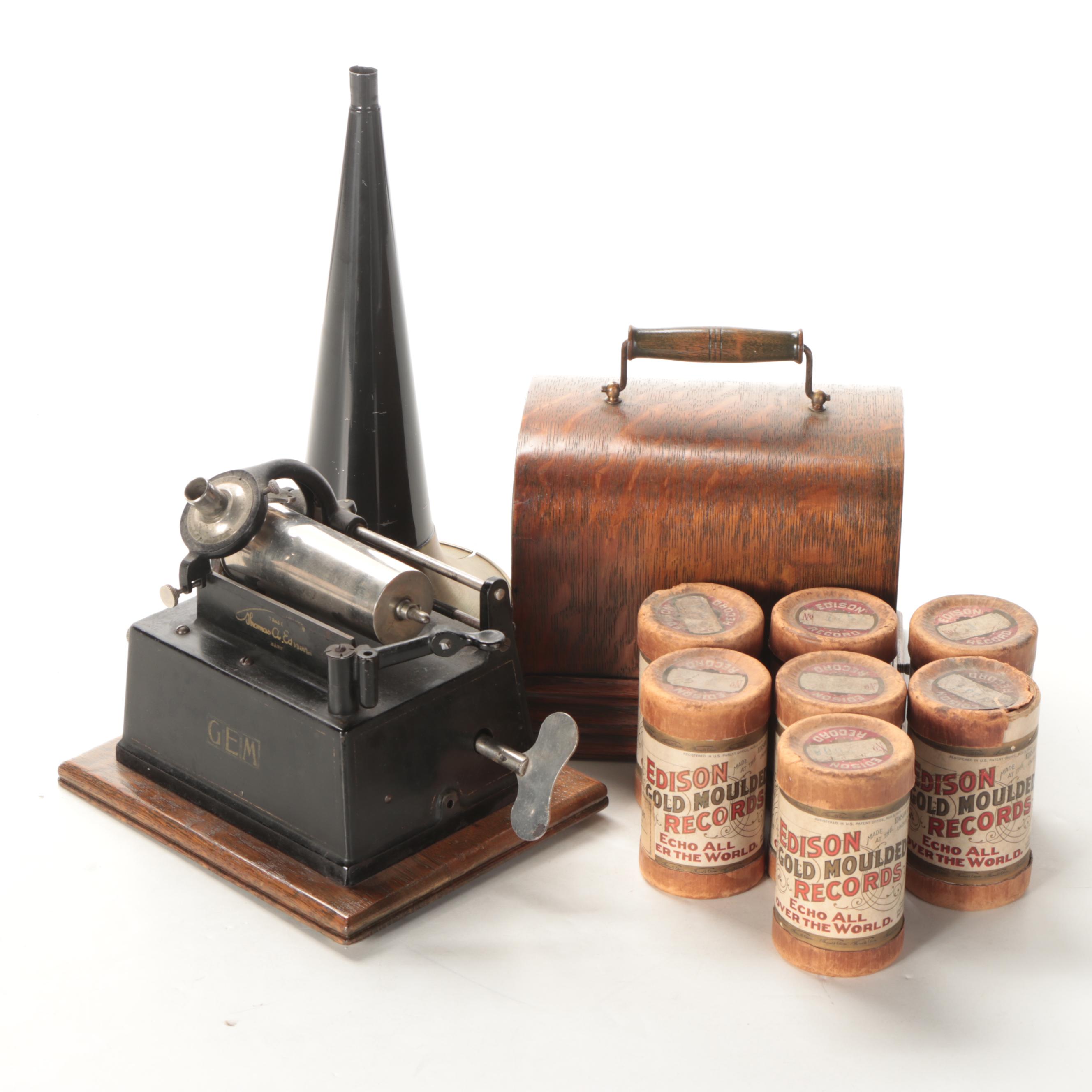 Thomas A. Edison "GEM" Phonograph Record Player with Cylinder Records