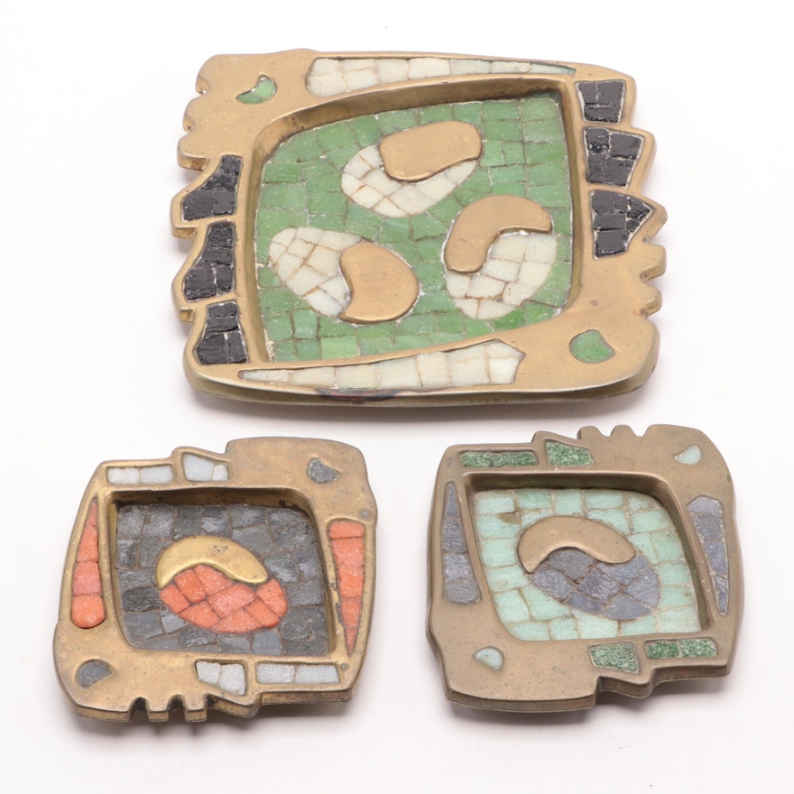 Salvador Terán Hand Wrought Mexican Brass and Glass Tile Dishes, Mid-20th C.