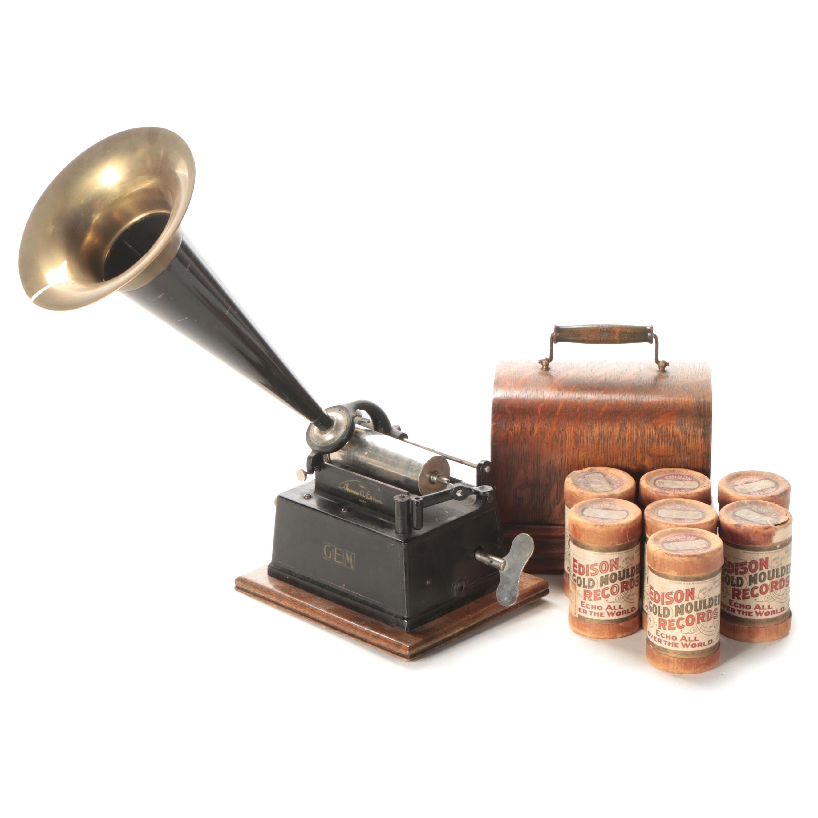 Thomas A. Edison "GEM" Phonograph Record Player with Cylinder Records