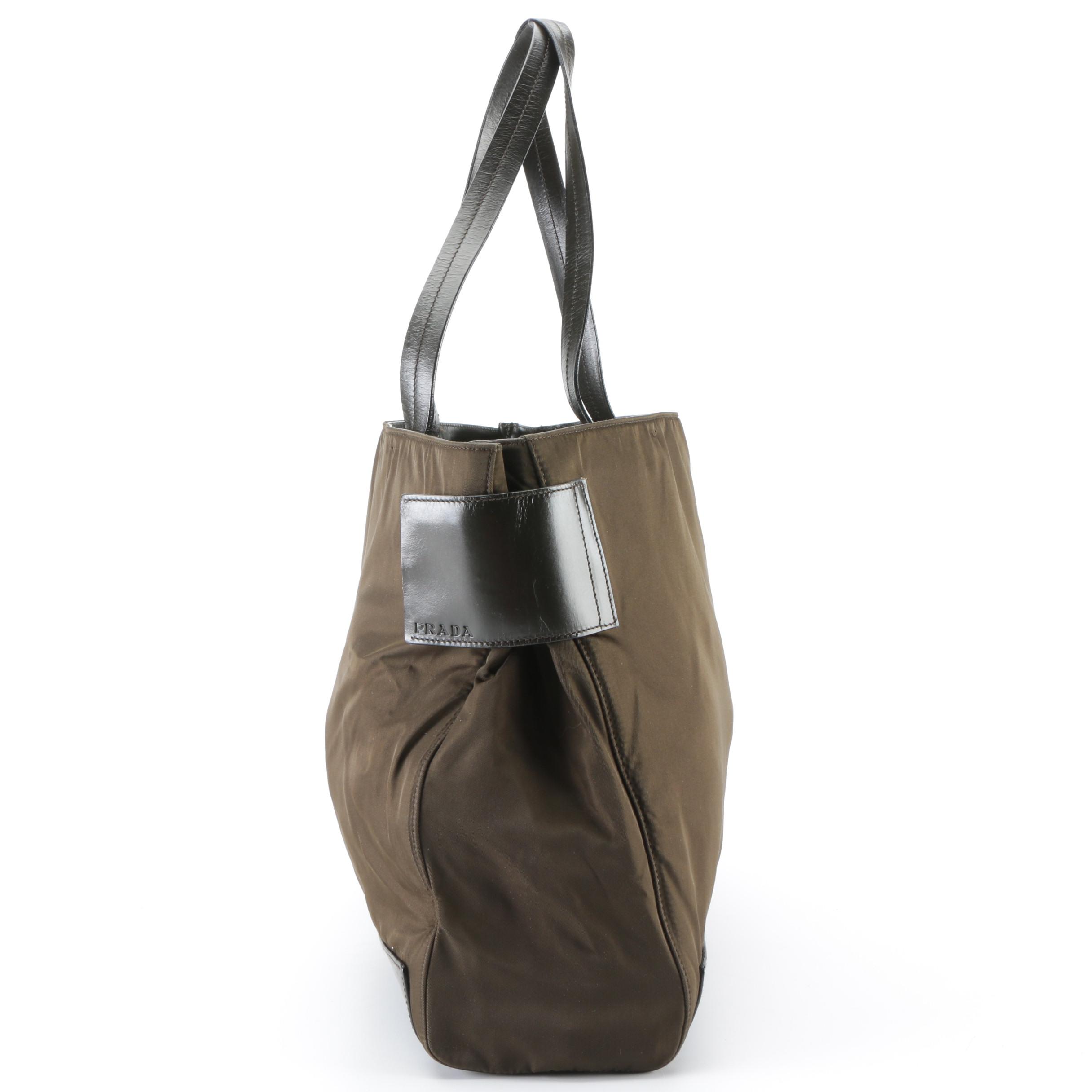 Prada Shoulder Tote Bag in Olive Green Nylon Tessuto and Olive Leather