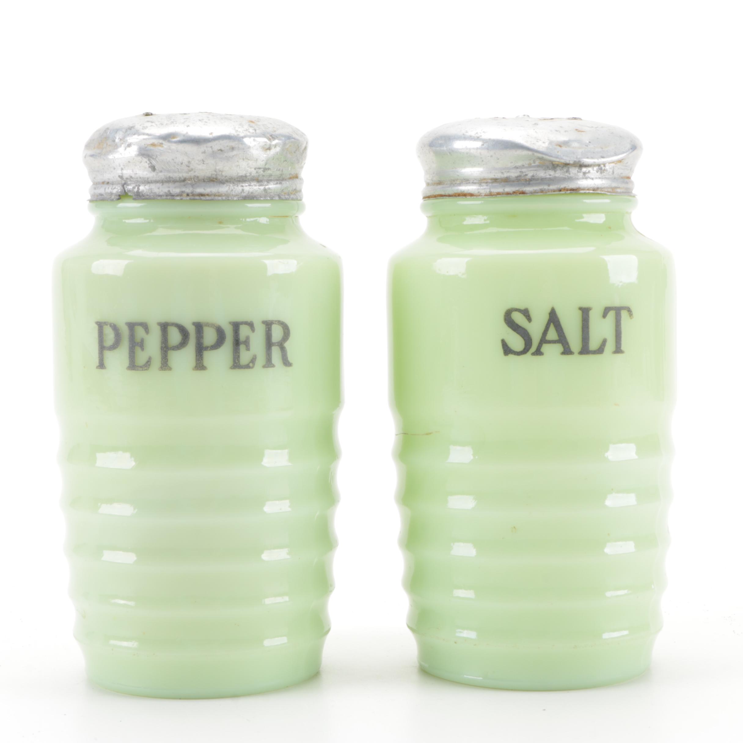 Jeannette "Jadite" Tea Canister and Shakers with Other Jadeite Glass Tableware