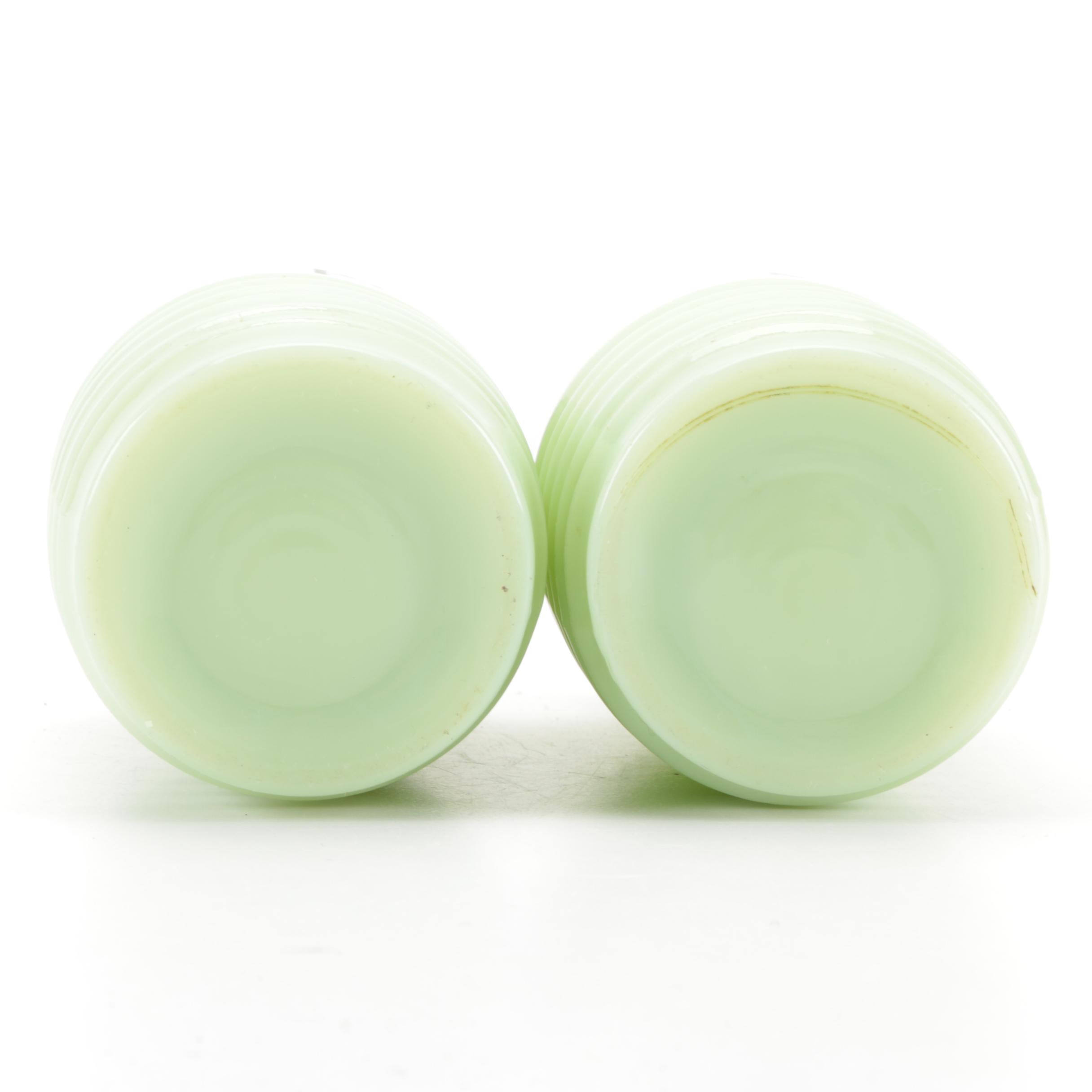 Jeannette "Jadite" Tea Canister and Shakers with Other Jadeite Glass Tableware